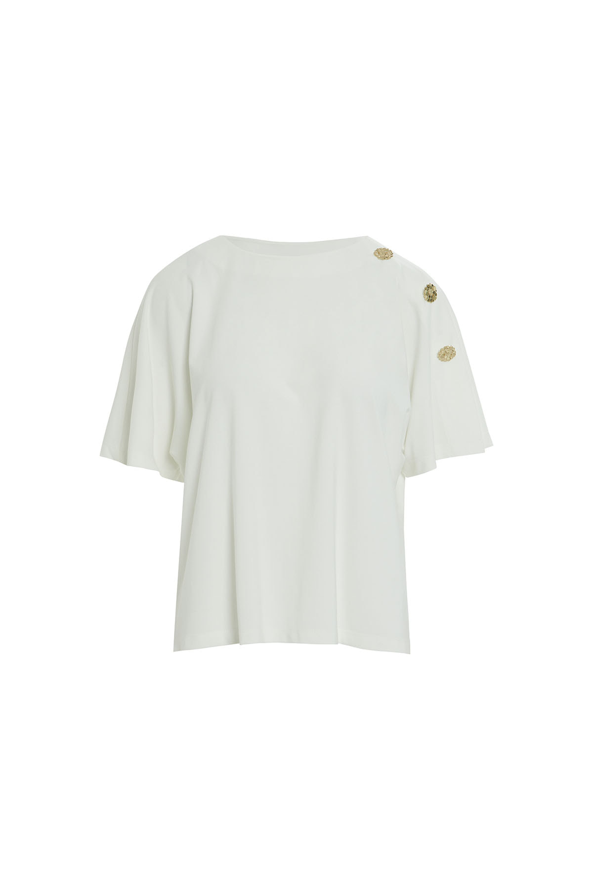 Omuzda Aksesuar Detaylı Geniş Yaka T-Shirt