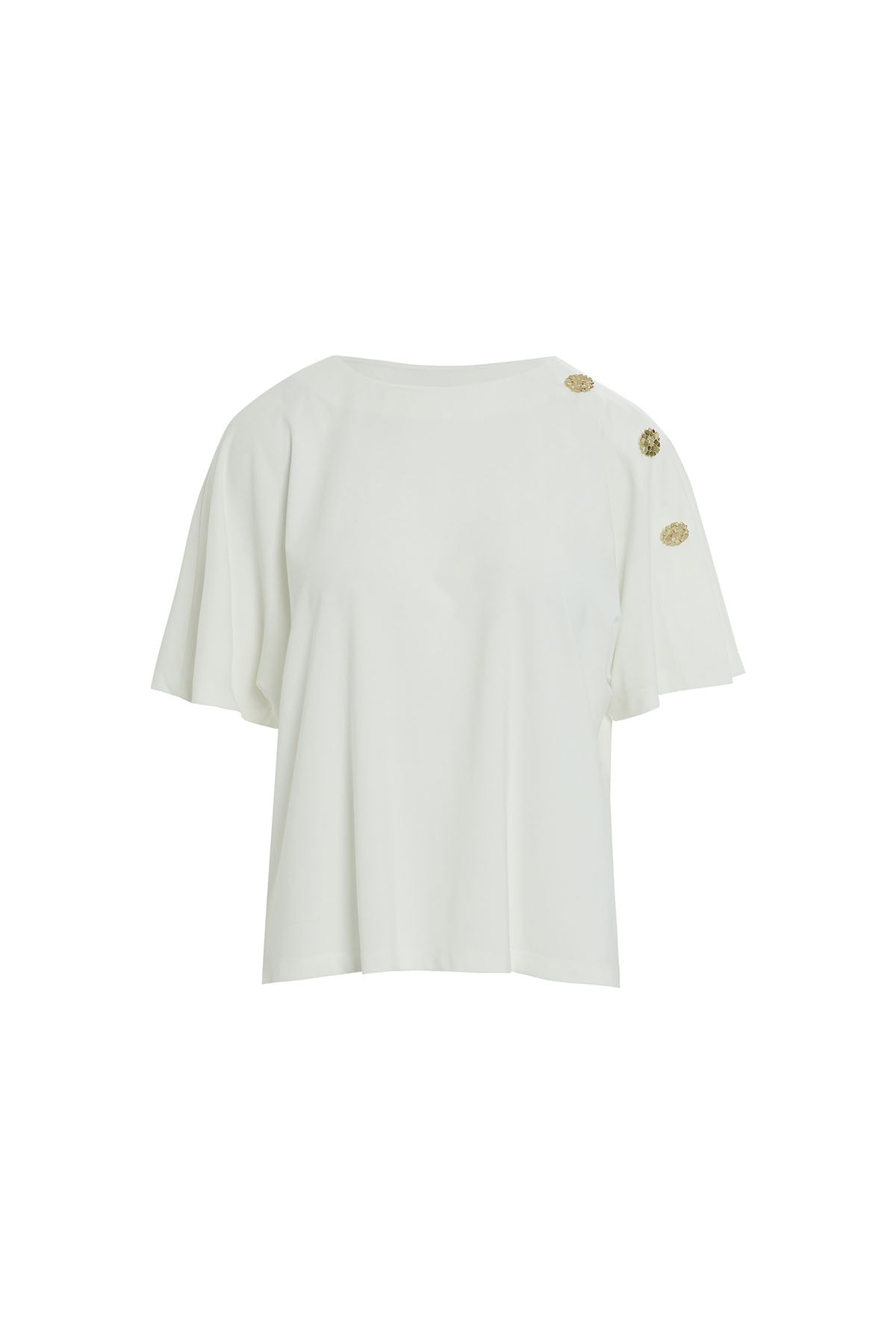 Omuzda Aksesuar Detaylı Geniş Yaka T-Shirt