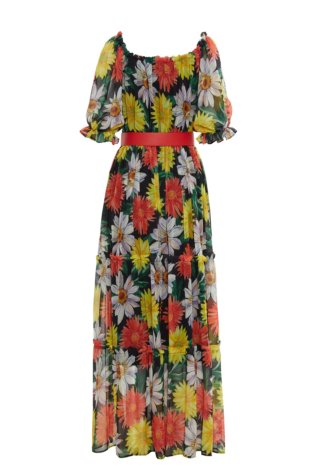 Çiçek Desenli Balon Kollu Uzun Elbise