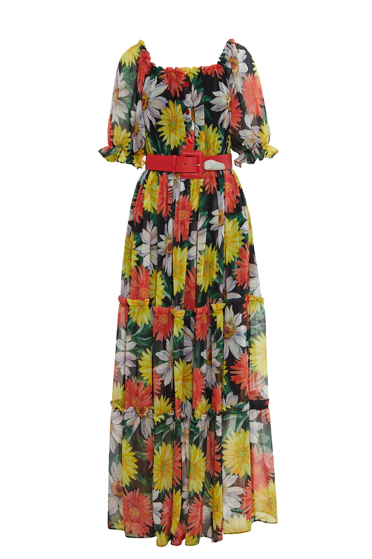 Çiçek Desenli Balon Kollu Uzun Elbise