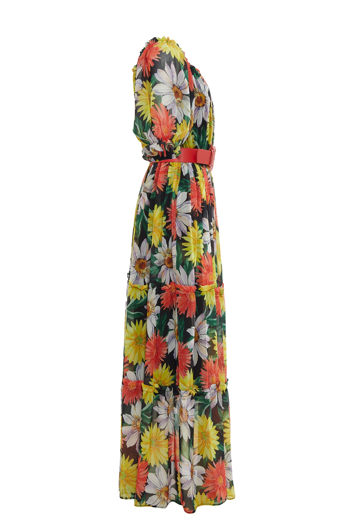 Çiçek Desenli Balon Kollu Uzun Elbise