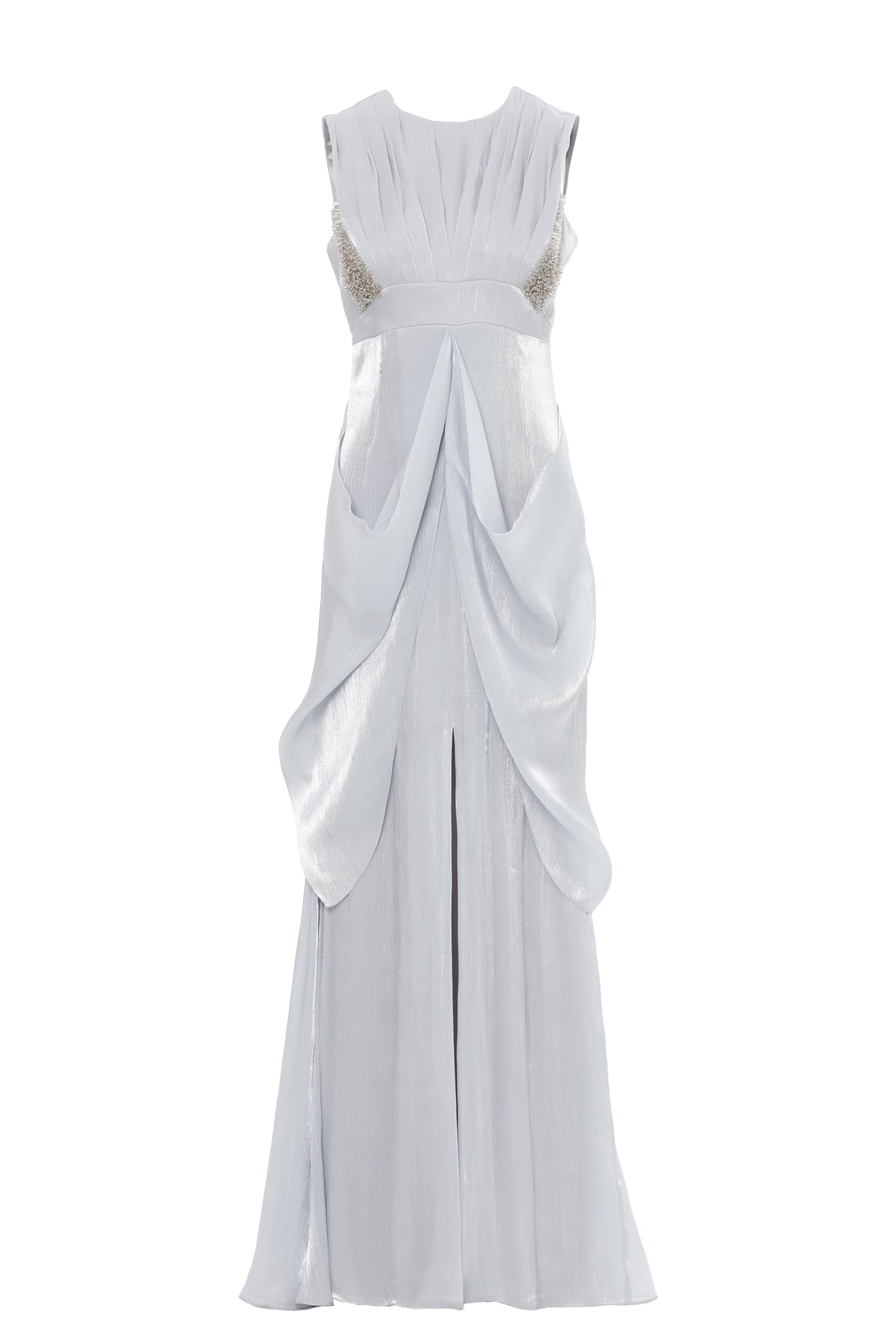 İşleme Detaylı Drapeli Uzun Elbise