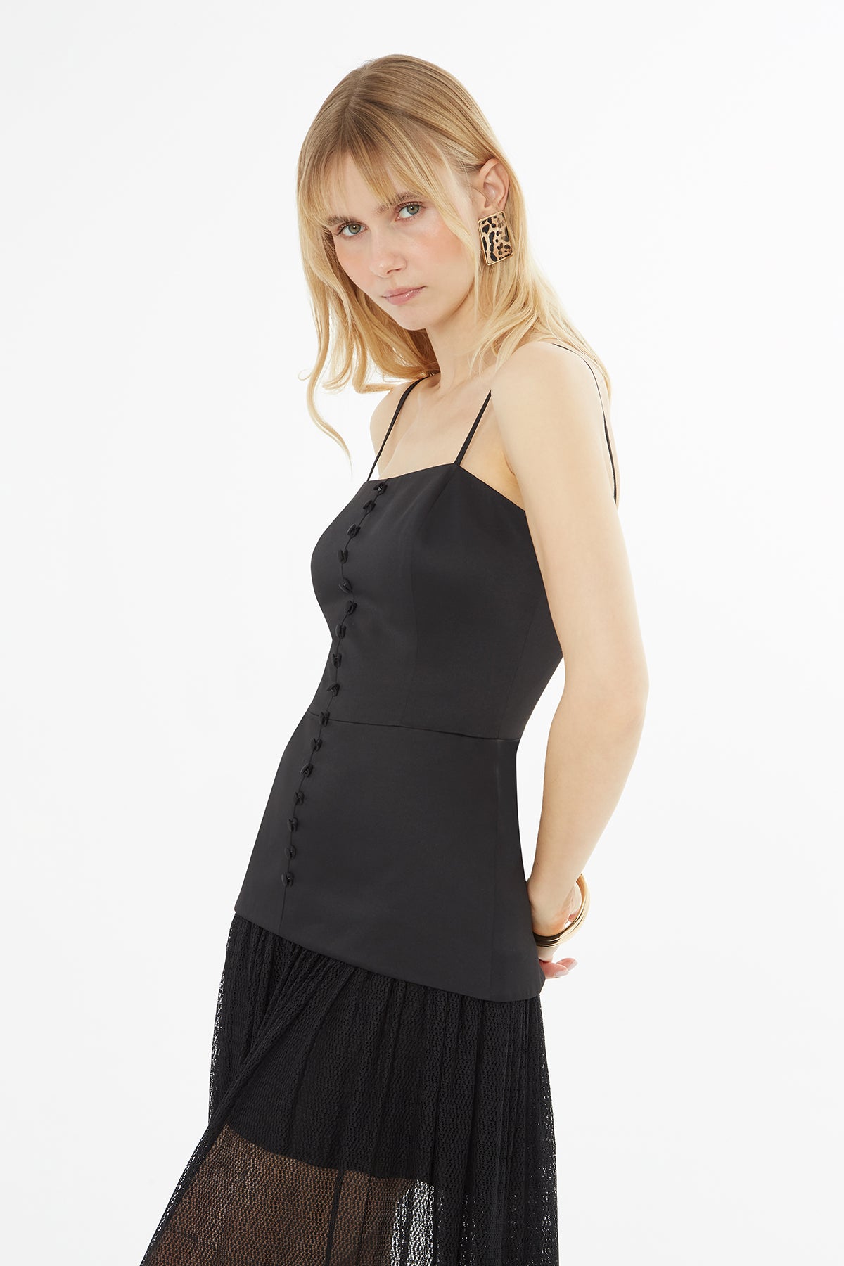 Eteği Transparan Detaylı Uzun Elbise