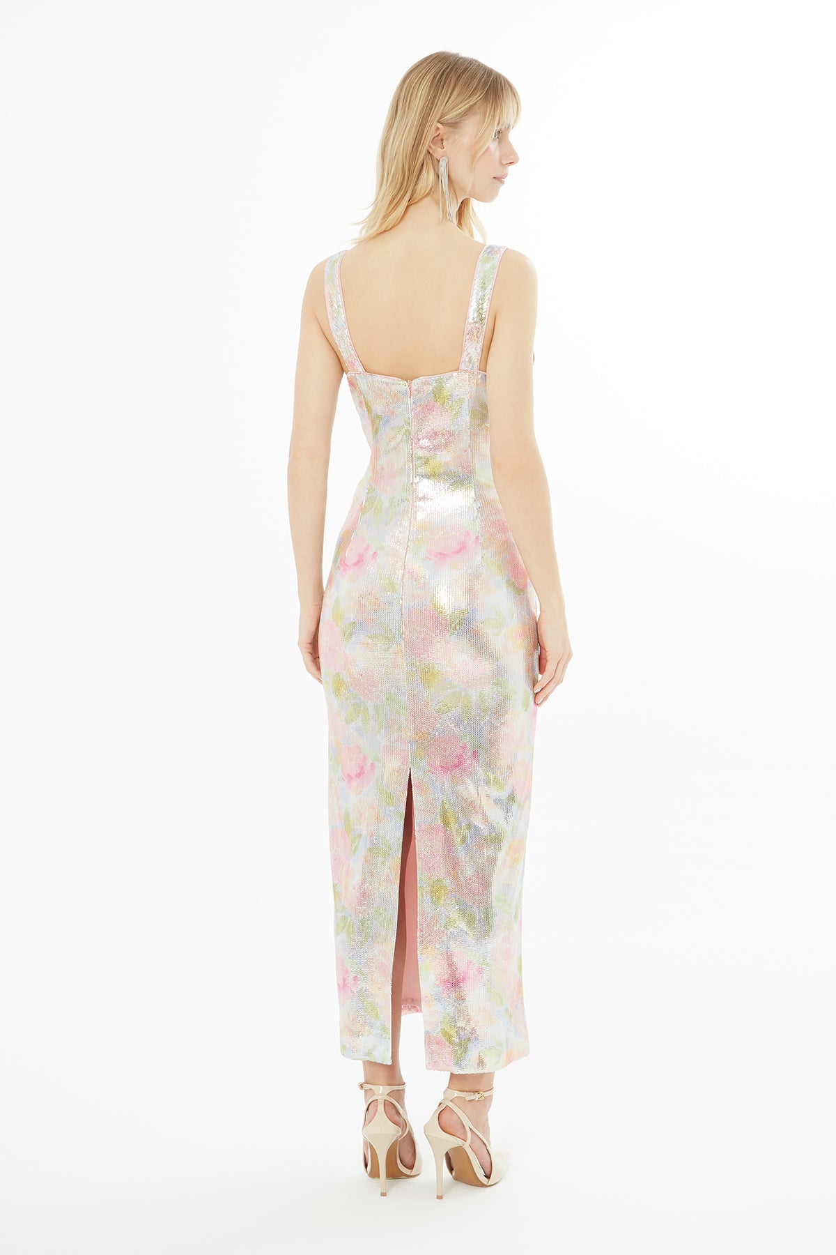 Arkadan Yırtmaçlı Askılı Payet Uzun Elbise