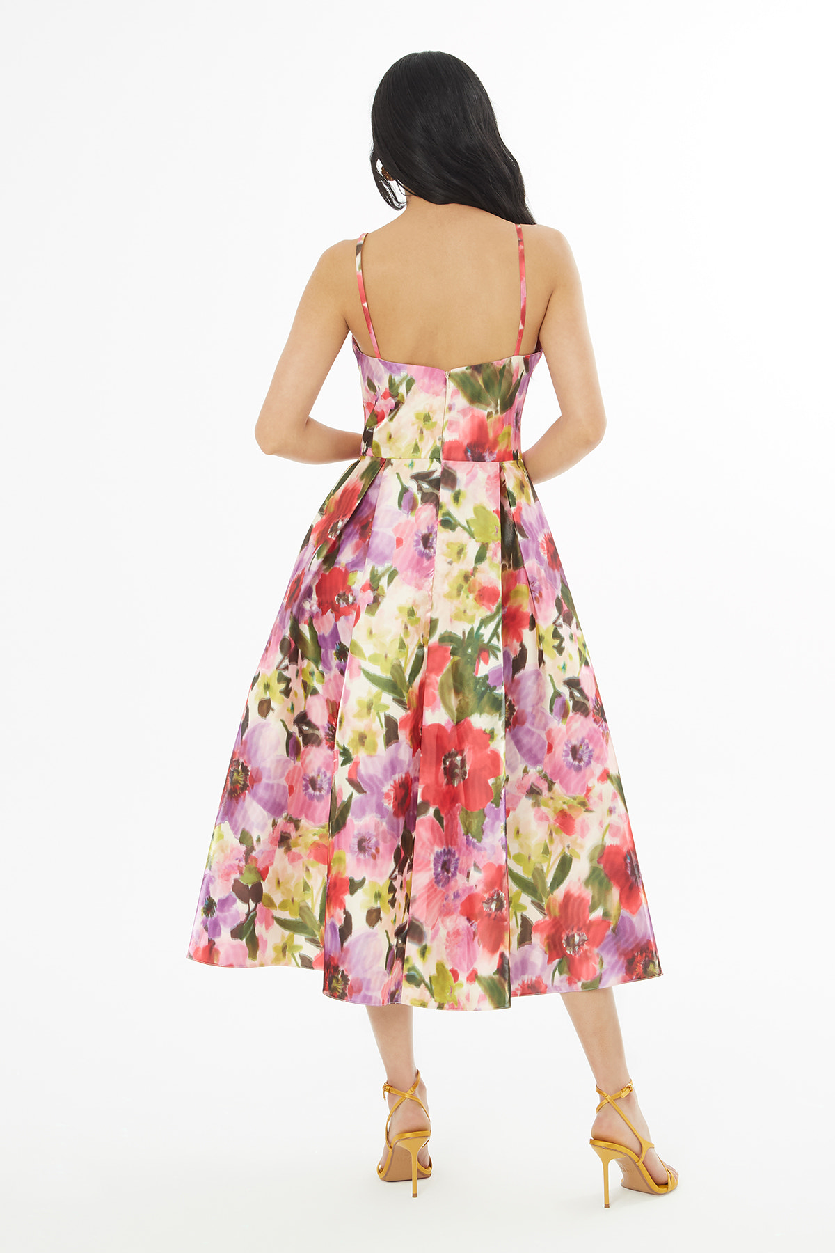 Çiçek Desenli Pileli Midi Elbise