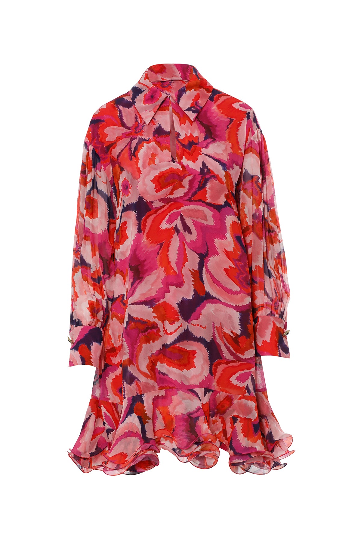 Etek Ucu Fırfırlı Desenli Şifon Mini Elbise