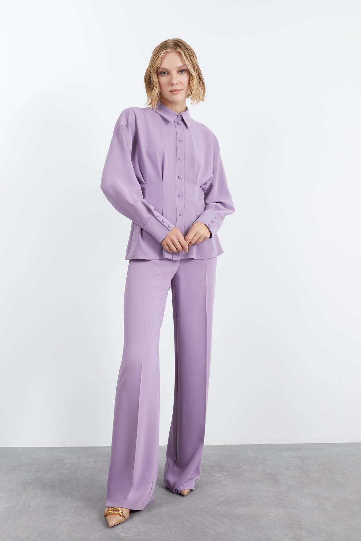 Pile Detaylı Gömlek Ve Palazzo Pantolonlu Takım