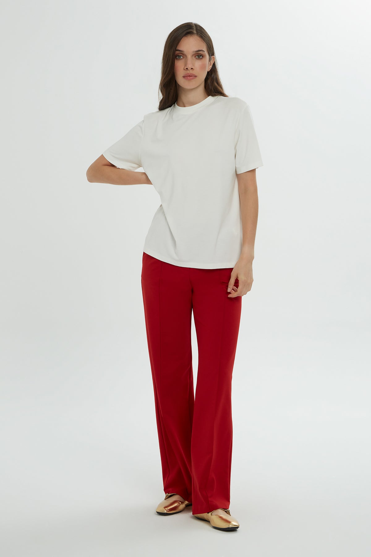 Bisiklet Yaka Kısa Kollu Basic Ekru T-shirt