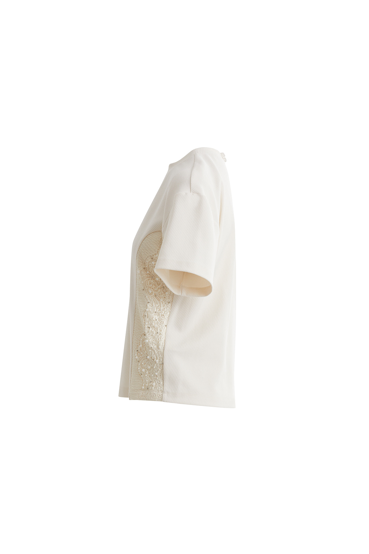 Yanları Dantelli Ve Boncuklu Kısa Kollu Ekru T-shirt