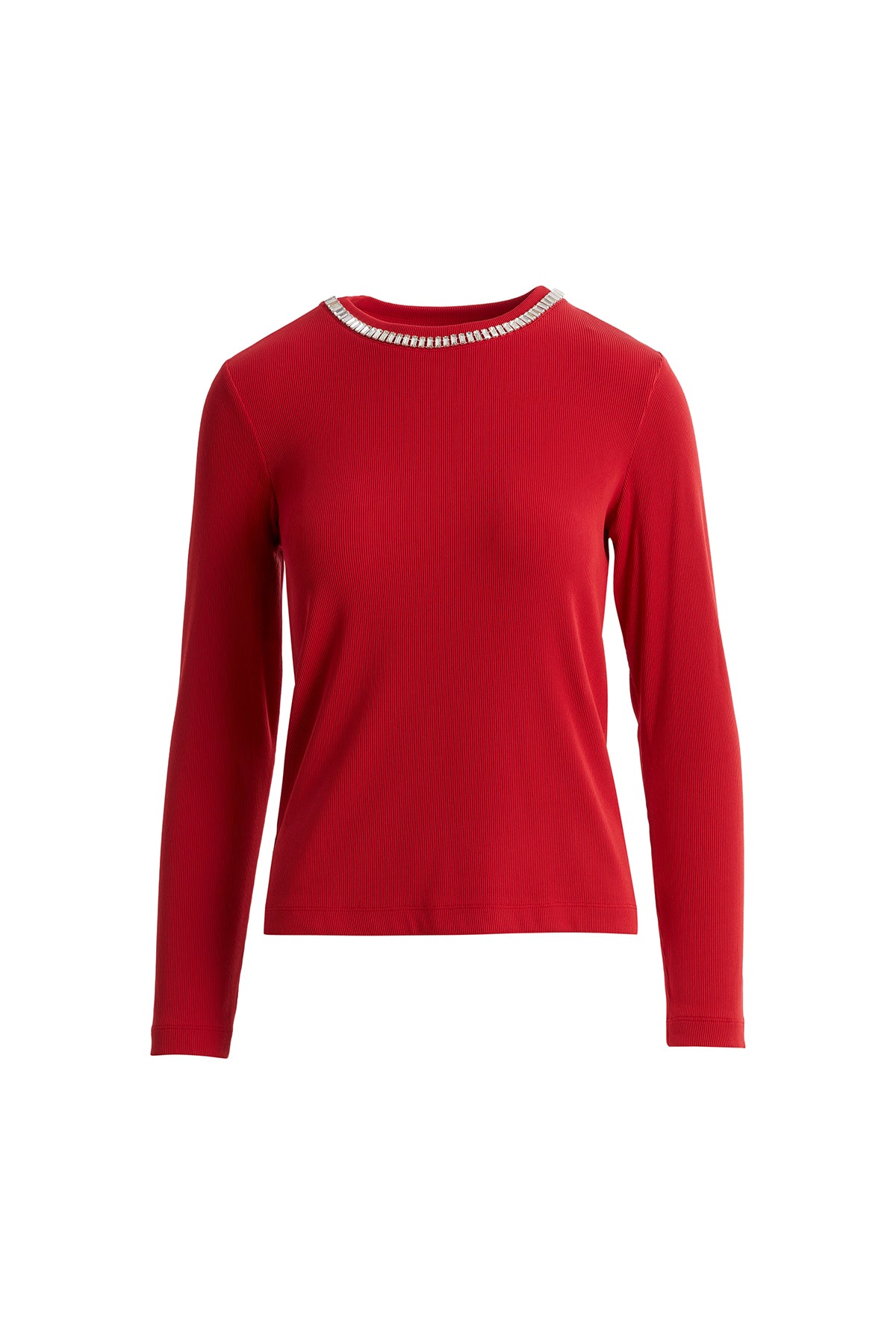 Yakası Straz Taşlı Uzun Kollu Kırmızı Bluz