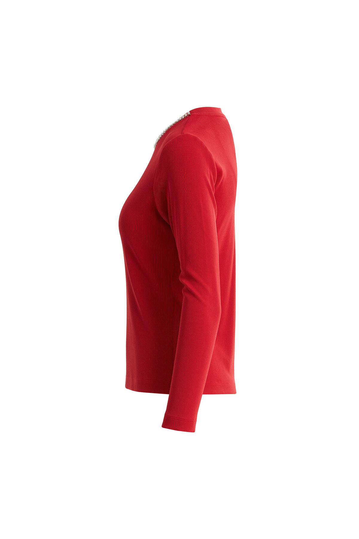 Yakası Straz Taşlı Uzun Kollu Kırmızı Bluz