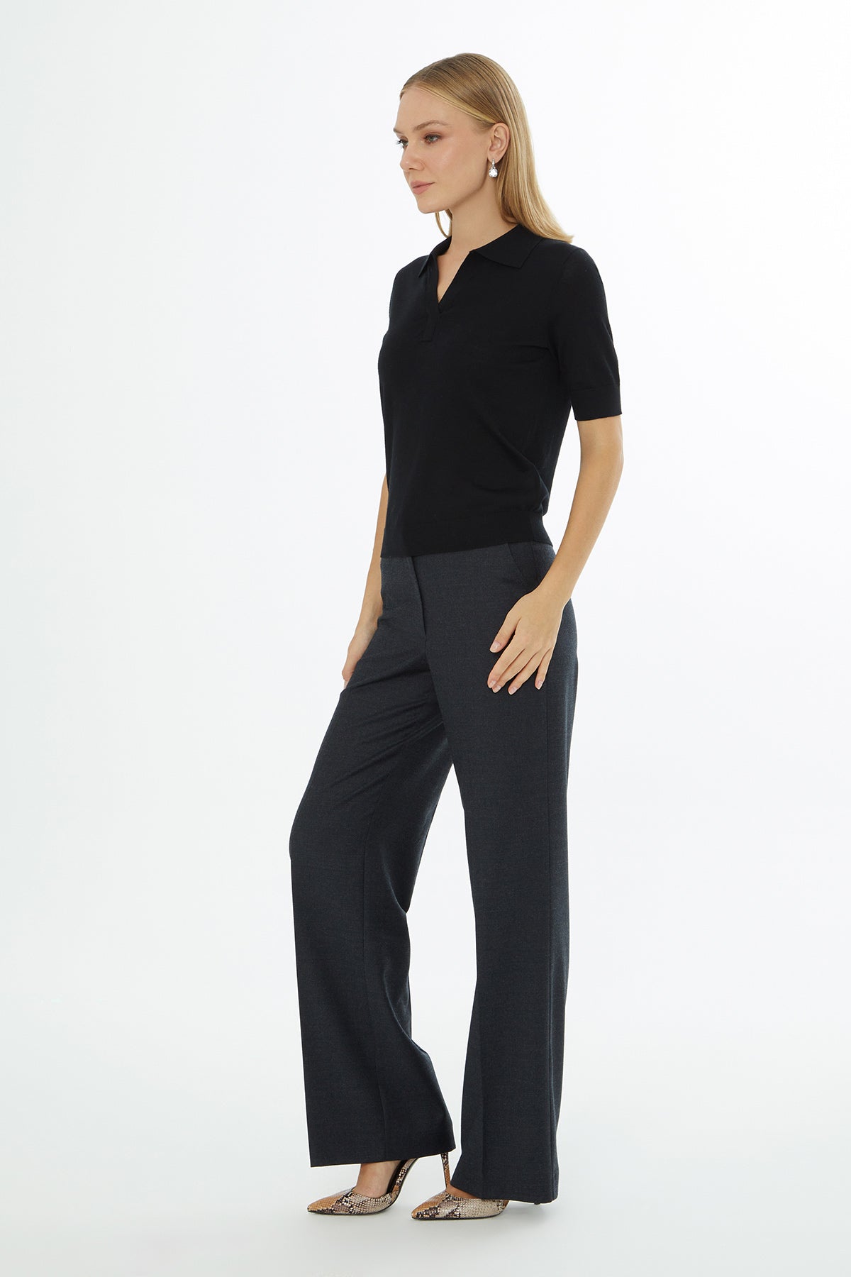 Polo Yaka Yün Karışımlı Triko Kazak