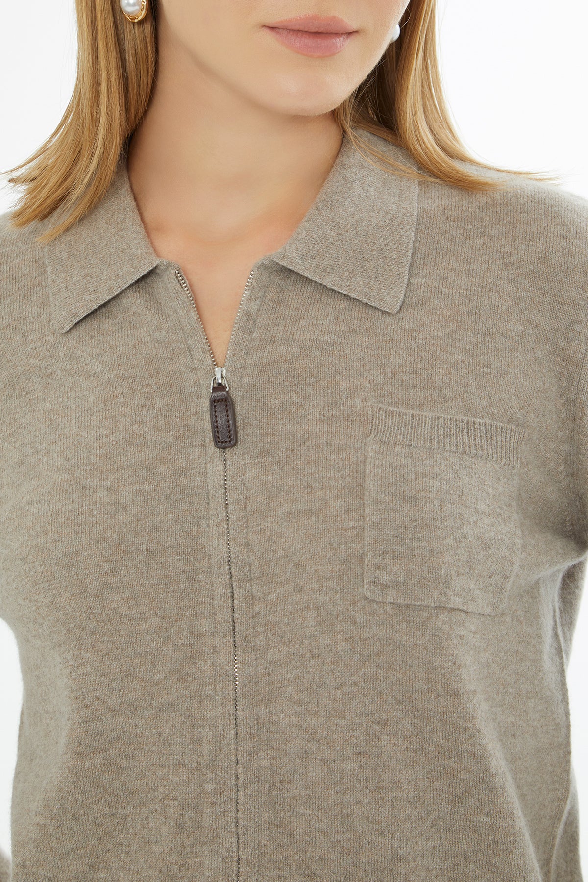 Gömlek Yaka Fermuar Kapamalı Uzun Kollu Hırka