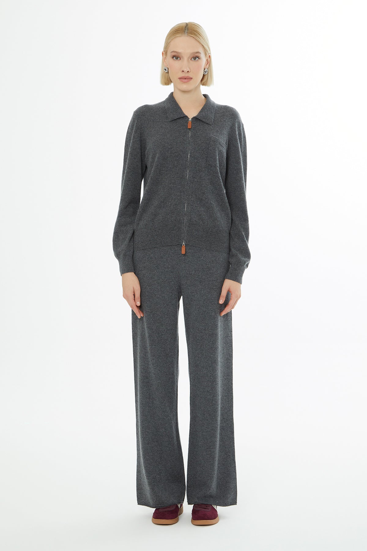 Gömlek Yaka Fermuar Kapamalı Uzun Kollu Hırka