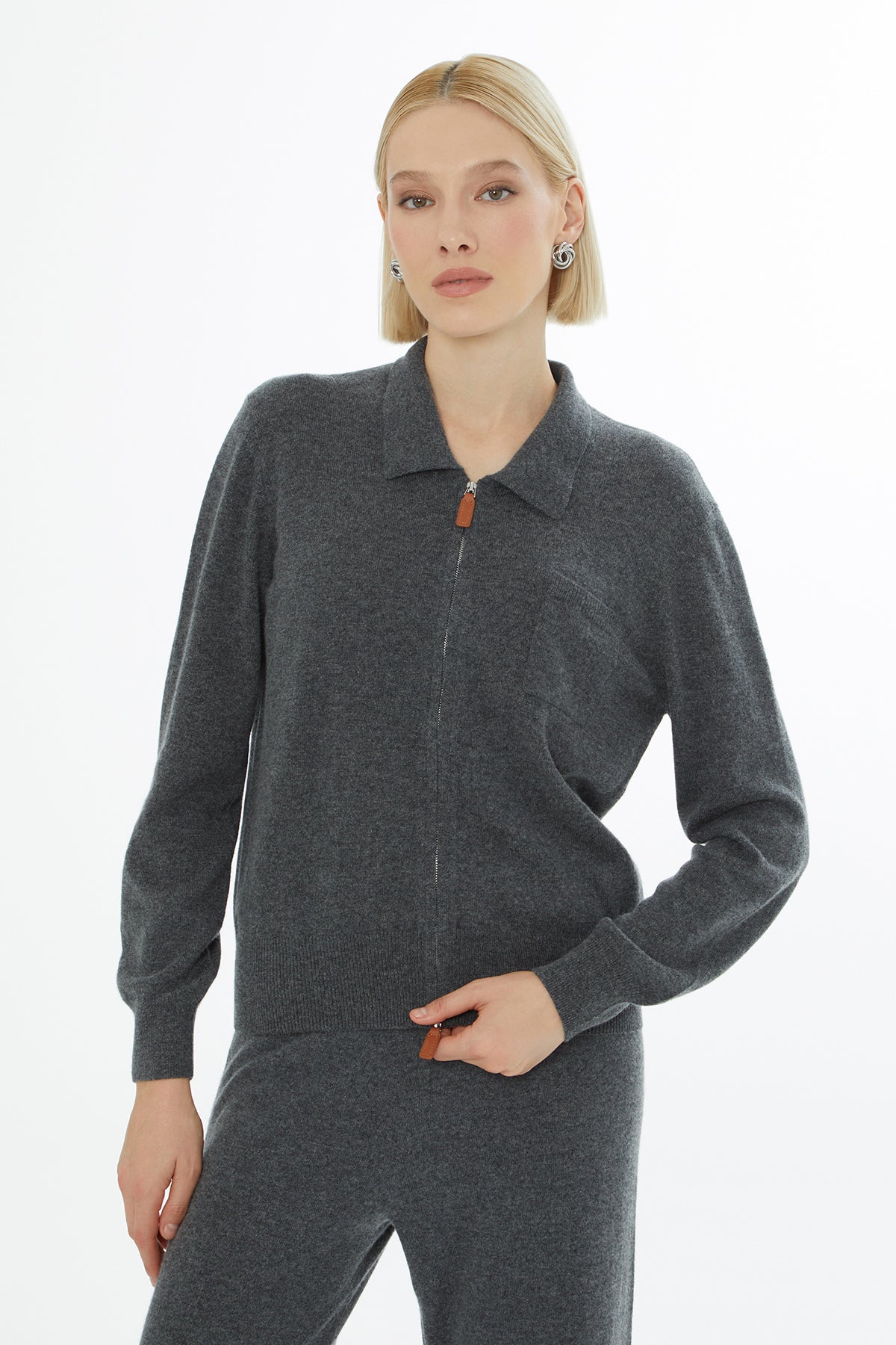 Gömlek Yaka Fermuar Kapamalı Uzun Kollu Hırka