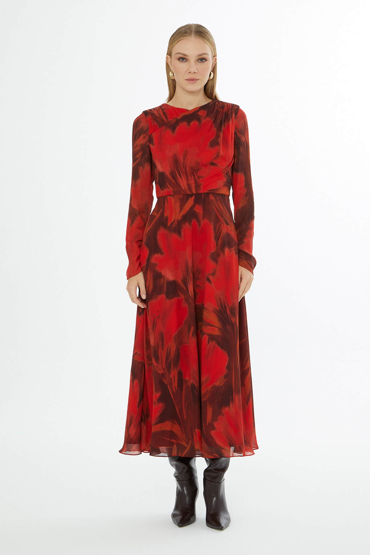 Yuvarlak Yaka Fermuar Kapama Omuzdan Büzgülü Midi Elbise