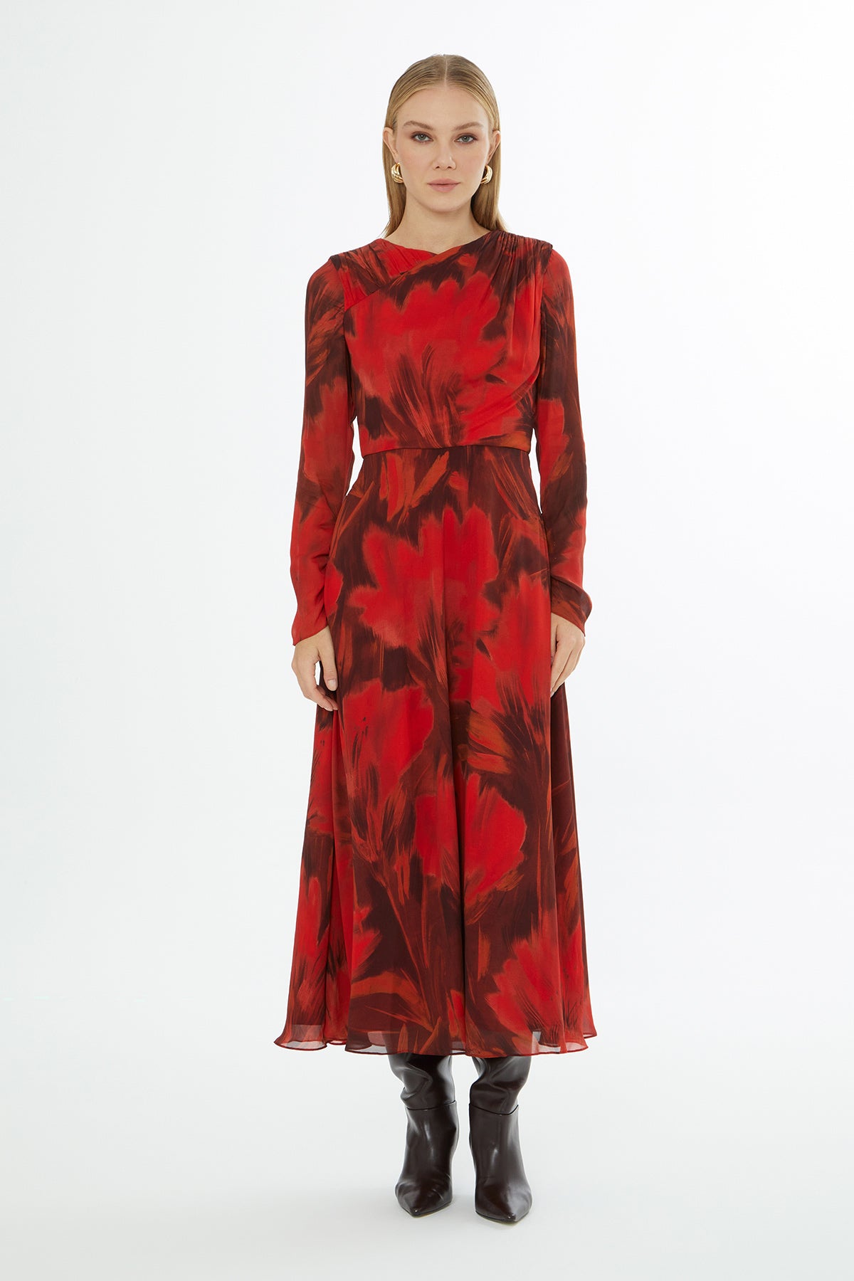 Yuvarlak Yaka Fermuar Kapama Omuzdan Büzgülü Midi Elbise