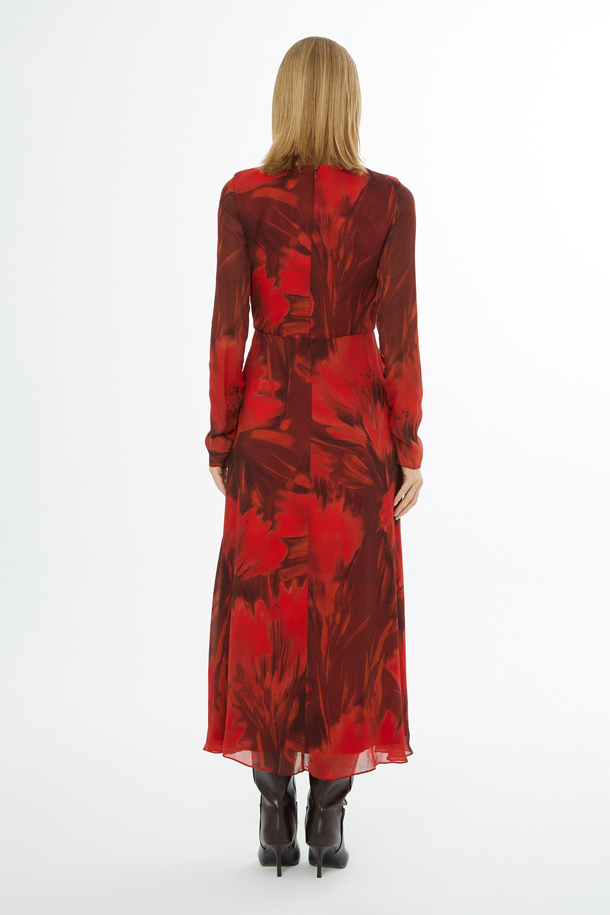 Yuvarlak Yaka Fermuar Kapama Omuzdan Büzgülü Midi Elbise