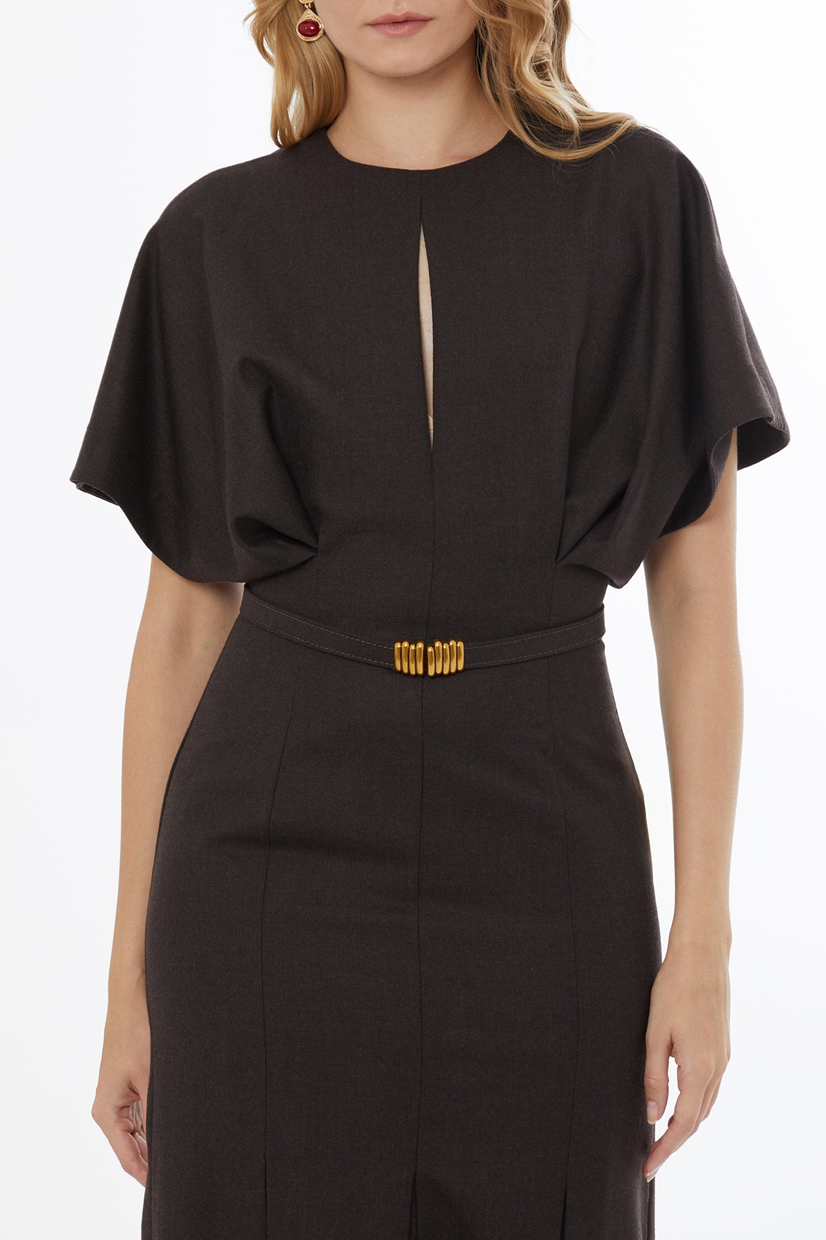 Bisiklet Yakalı Yarasa Kollu Gizli Fermuarlı Uzun Elbise