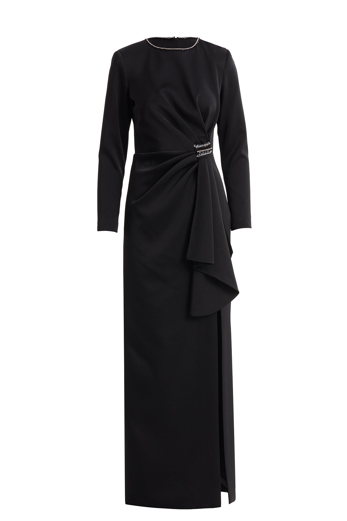 Volan Detaylı Taşlı Uzun Siyah Elbise