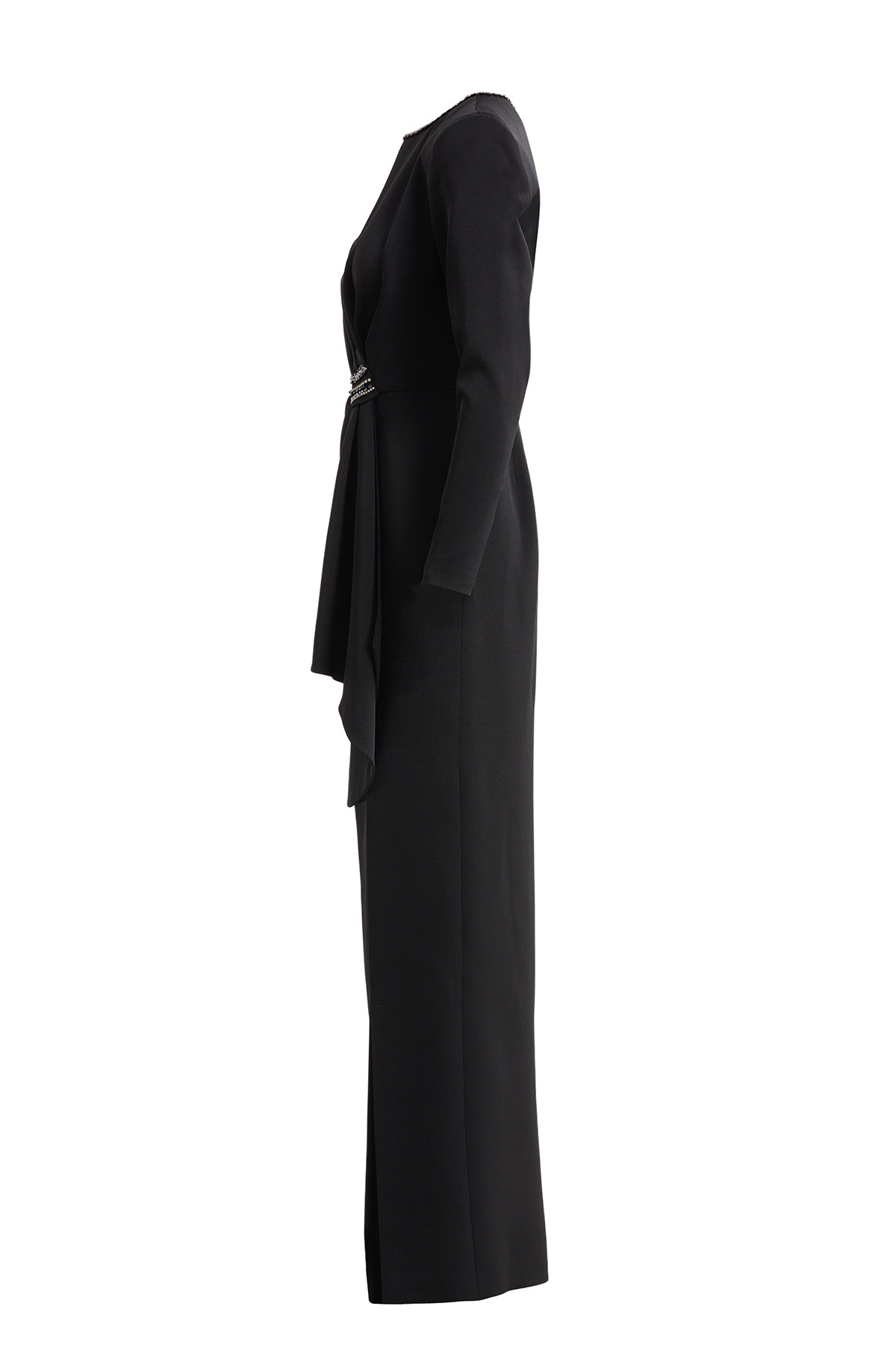 Volan Detaylı Taşlı Uzun Siyah Elbise