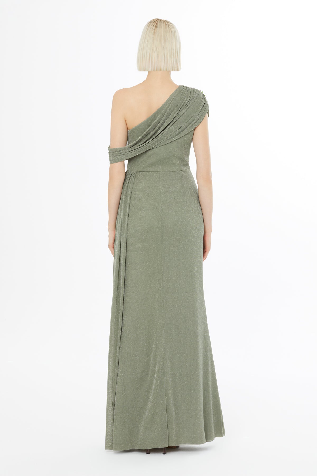 Omuzları İşlemeli Uzun Haki Elbise