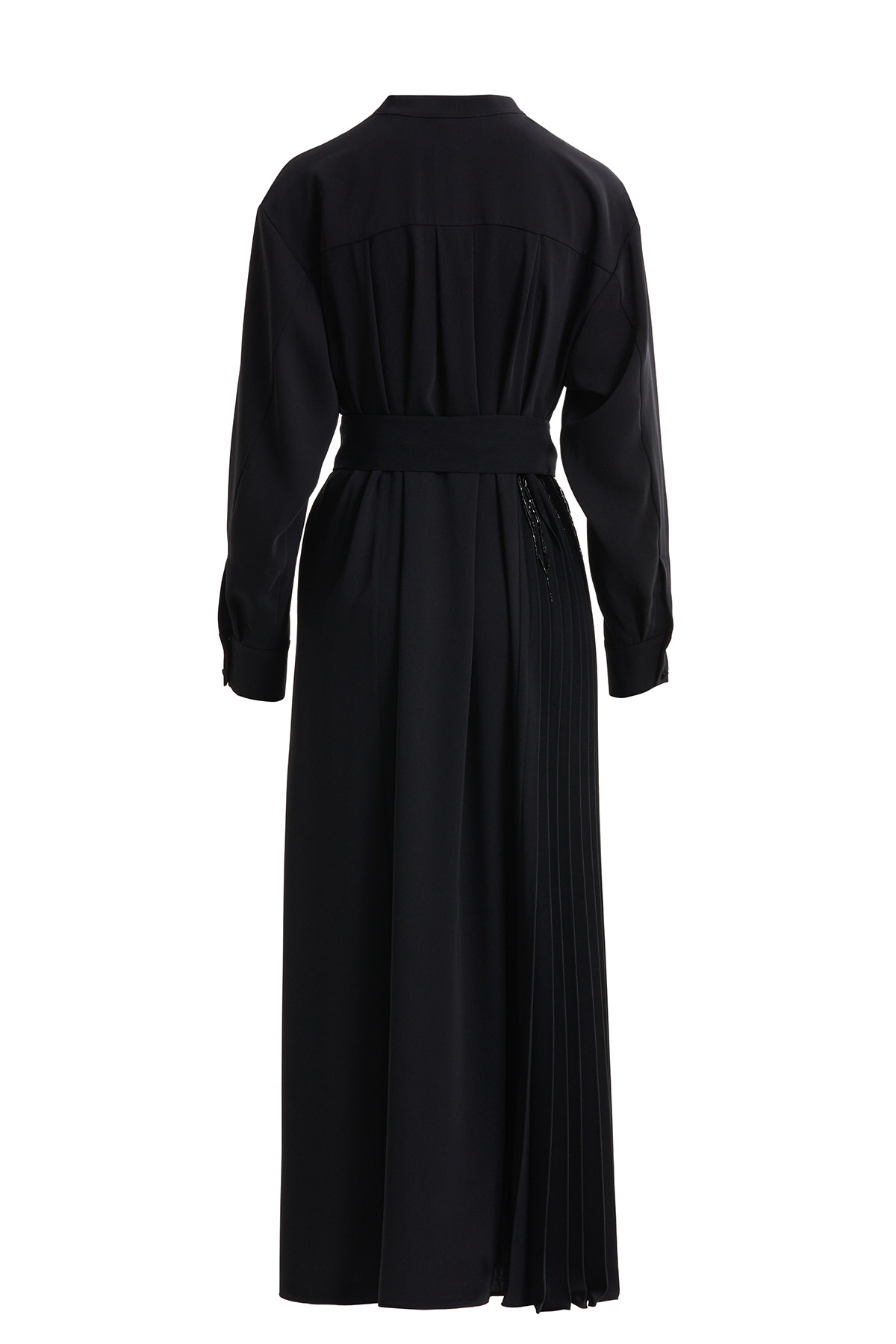 Hakim Yakalı Kuşaklı Siyah Uzun Elbise