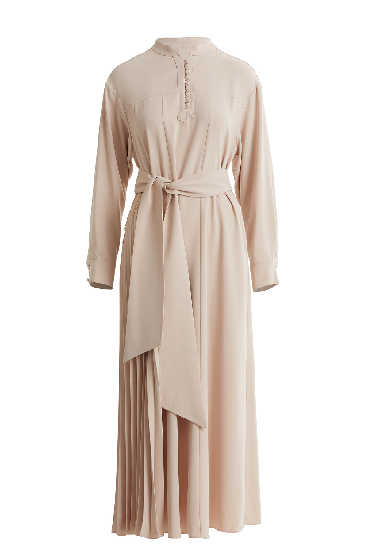 Hakim Yakalı Kuşaklı Uzun Bej Elbise