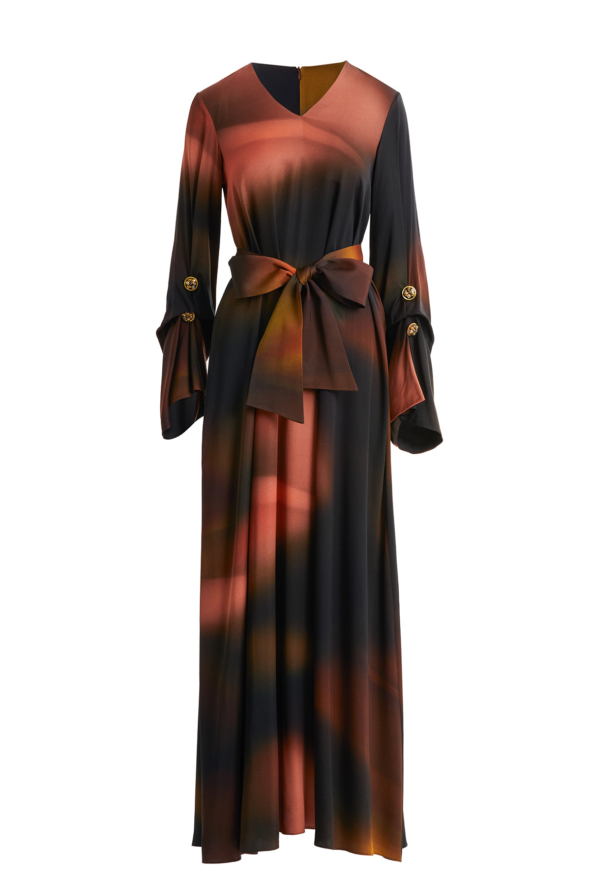 Kuşaklı Düğme İşlemeli Kahverengi Elbise