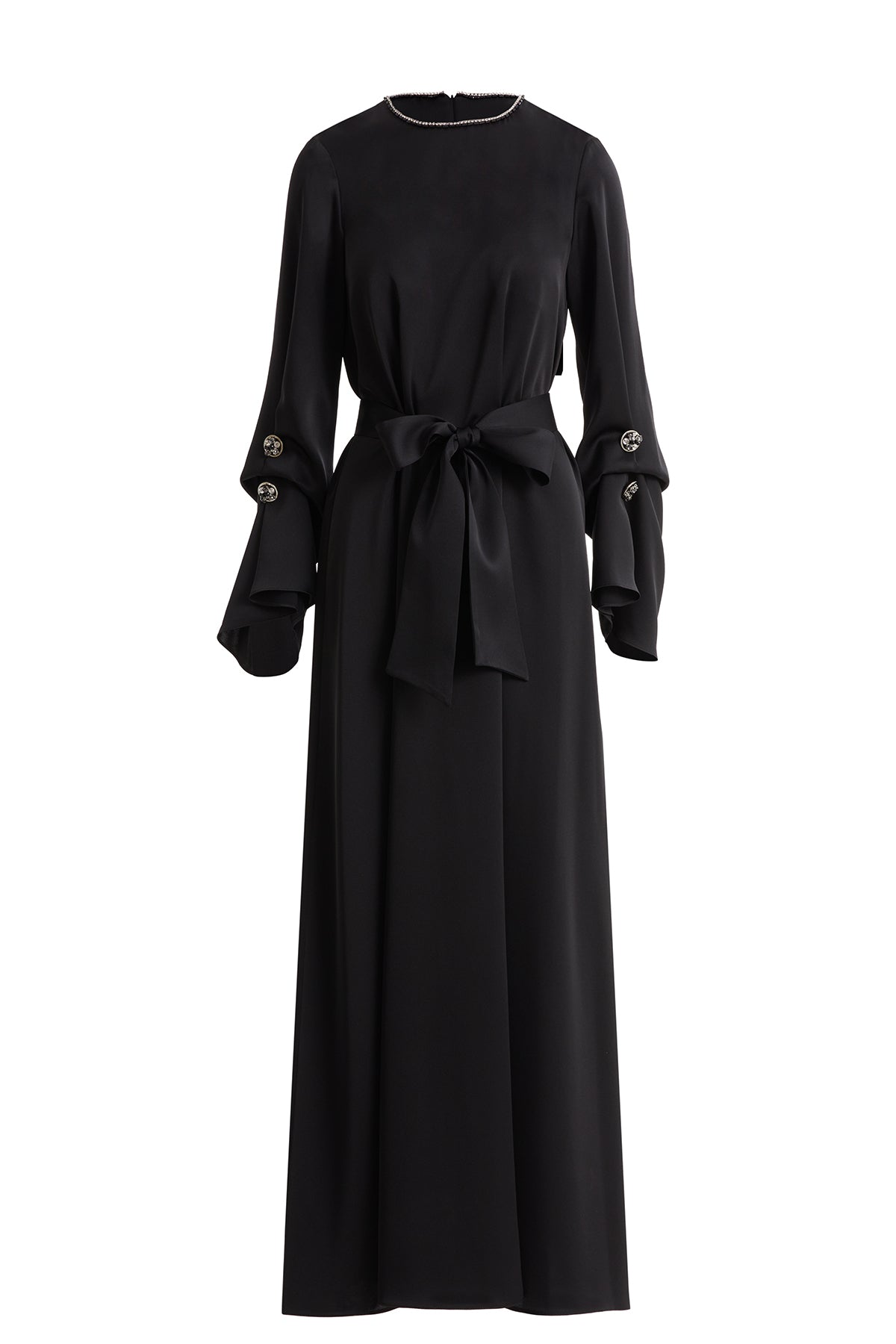 Seyyar Kuşaklı İşlemeli Siyah Elbise