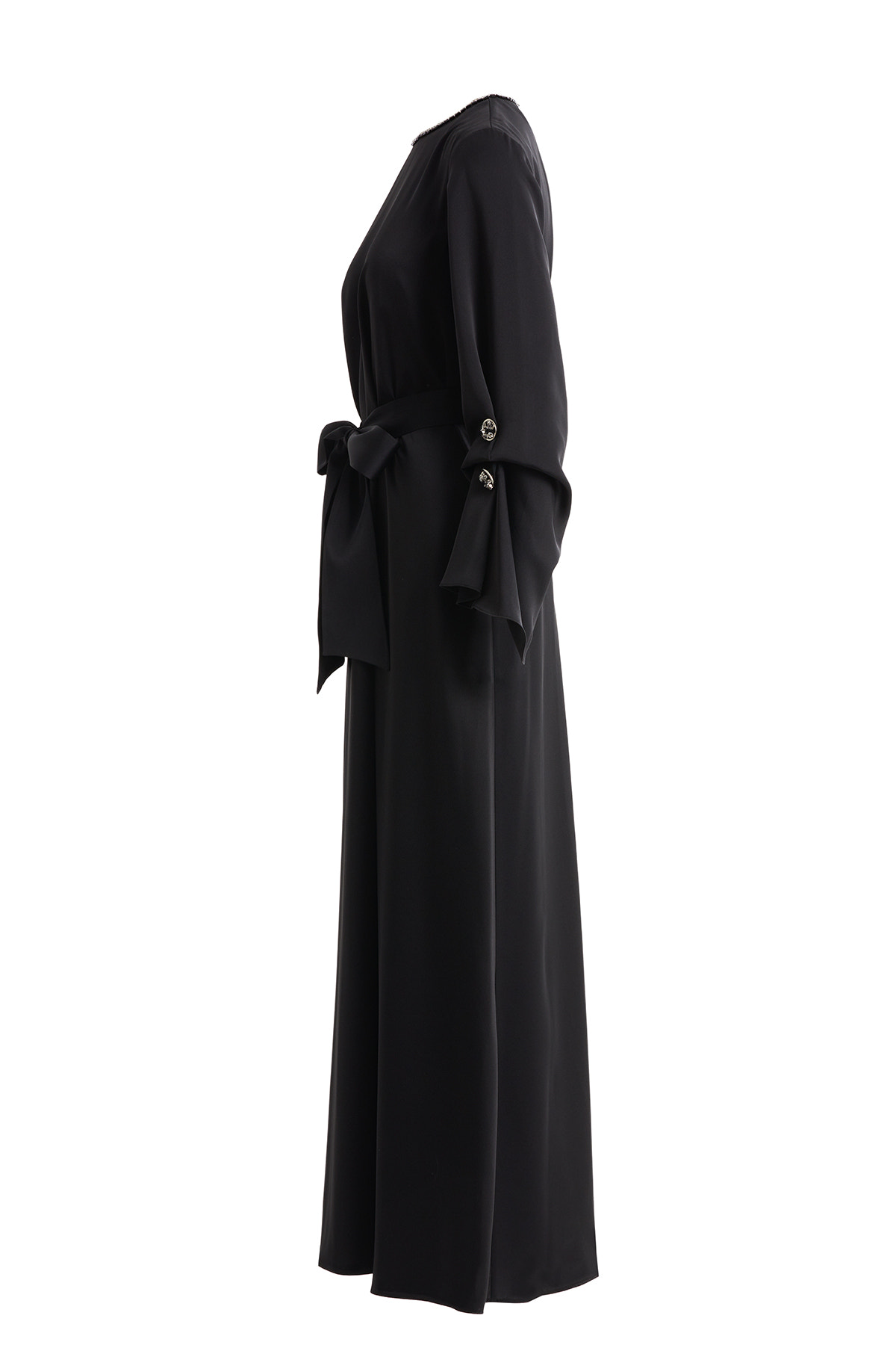 Seyyar Kuşaklı İşlemeli Siyah Elbise