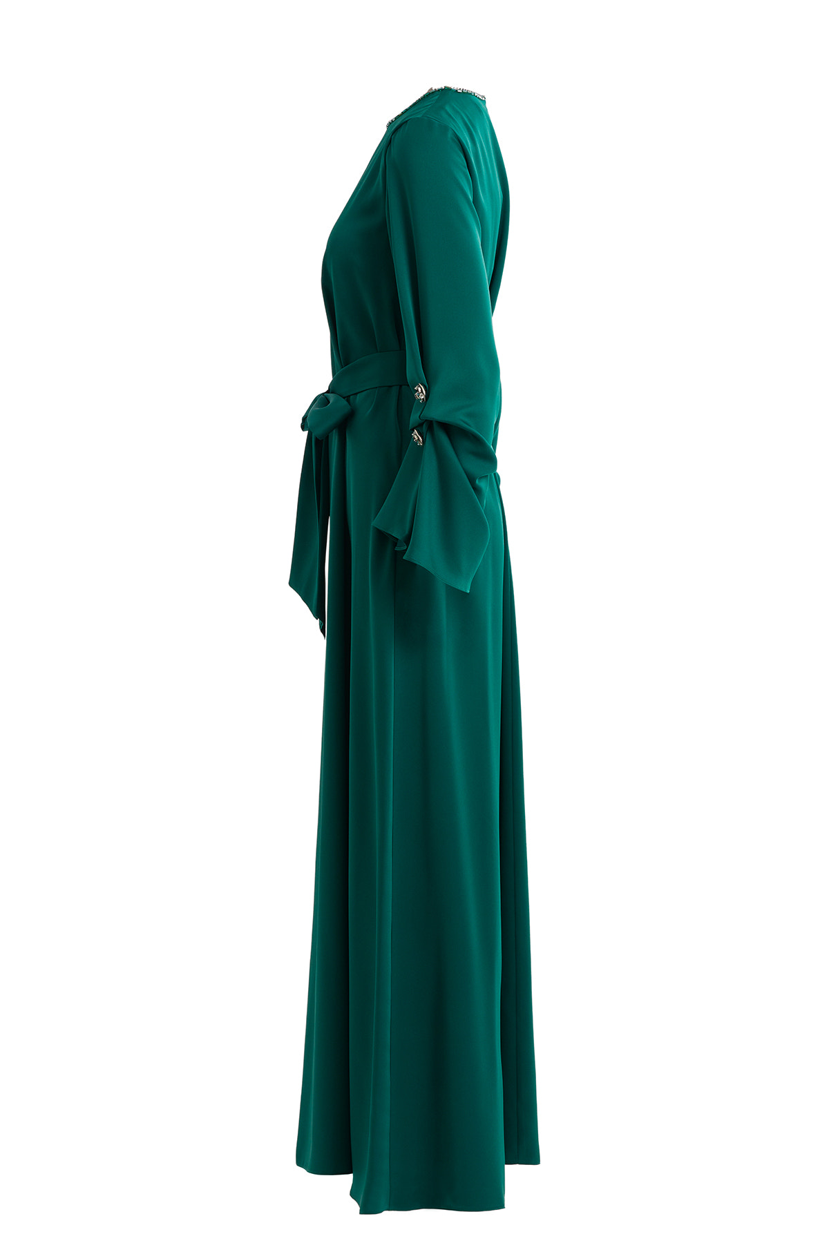 Seyyar Kuşaklı İşlemeli Yeşil Elbise