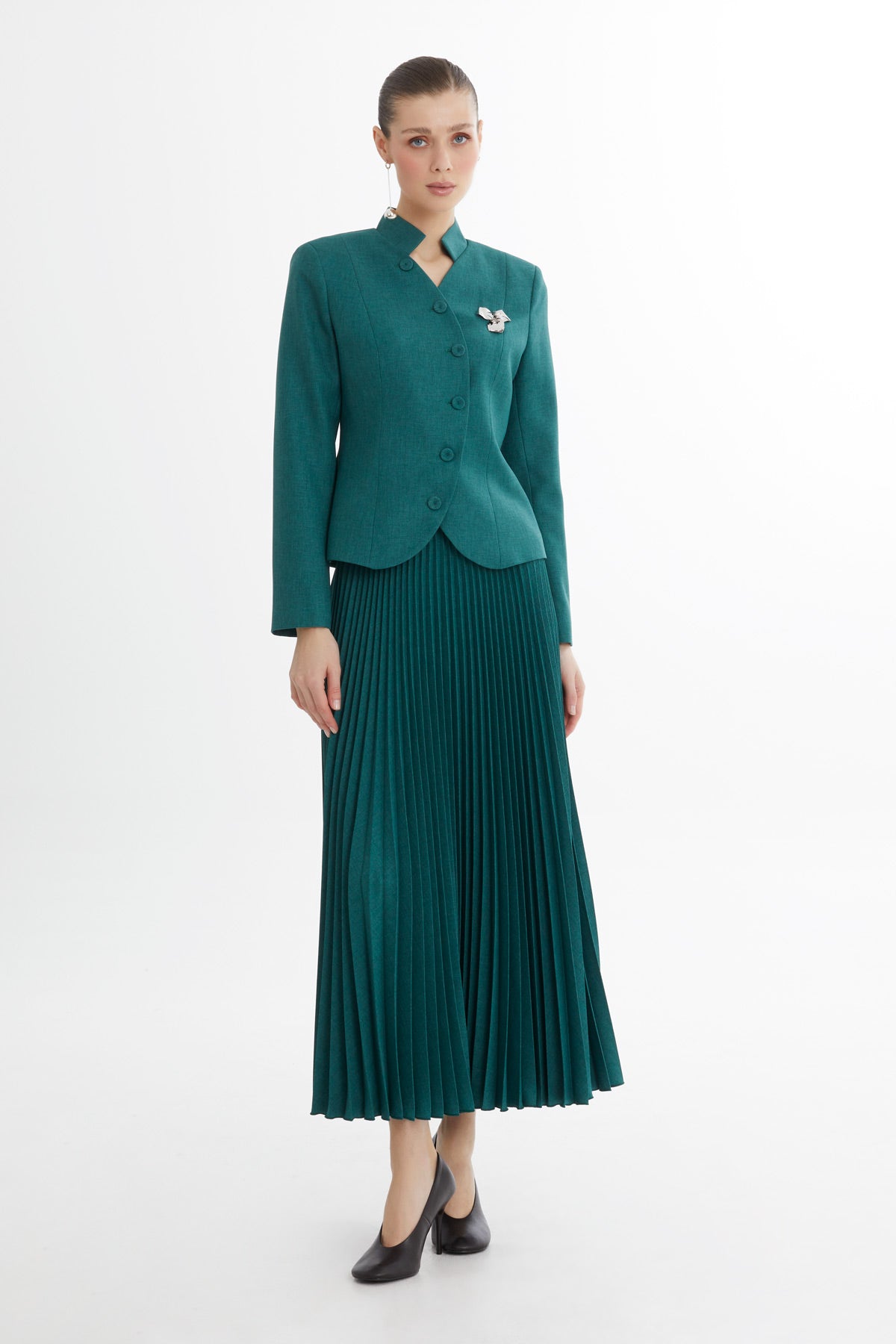 Kruvaze Kapama Ceket Ve Piliseli Etekli Takım