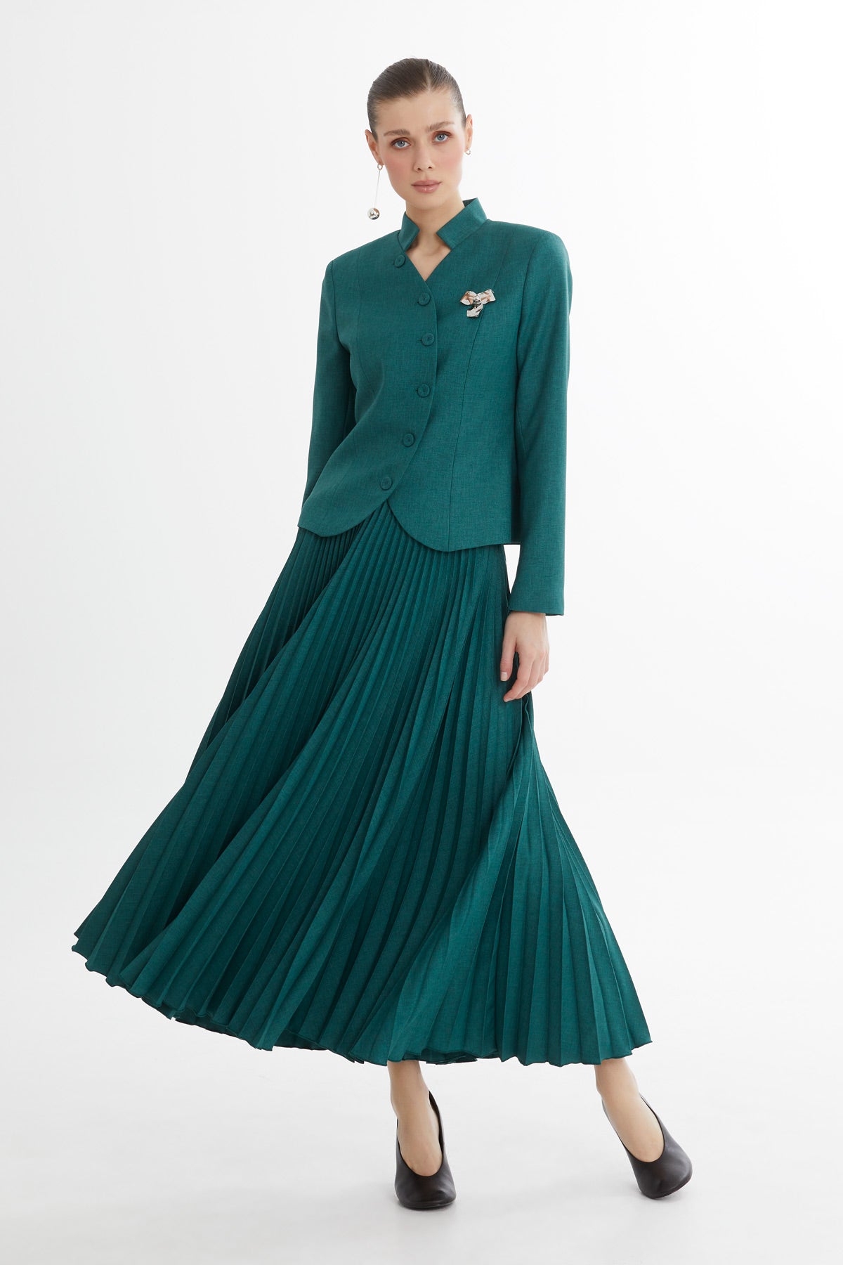 Kruvaze Kapama Ceket Ve Piliseli Etekli Yeşil Takım