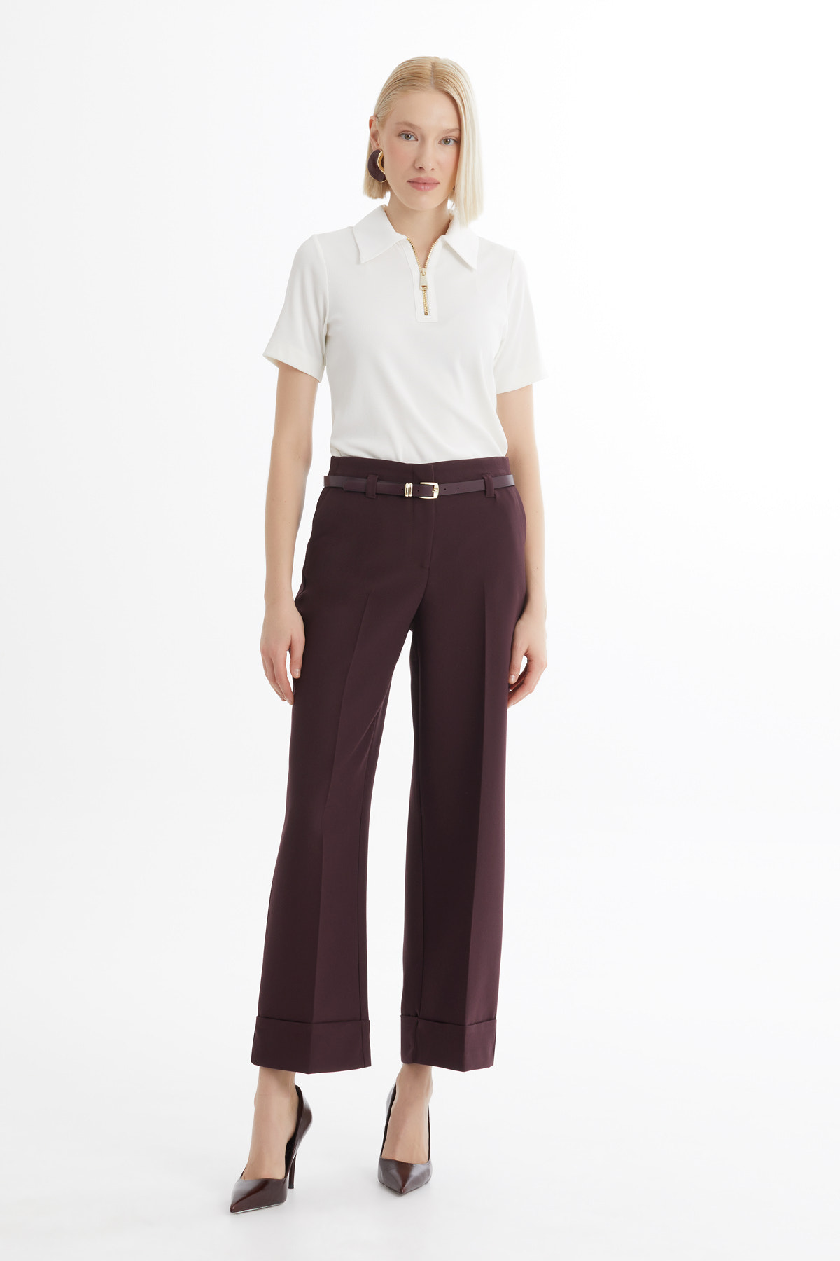 Double Paça Kemerli Bordo Pantolon