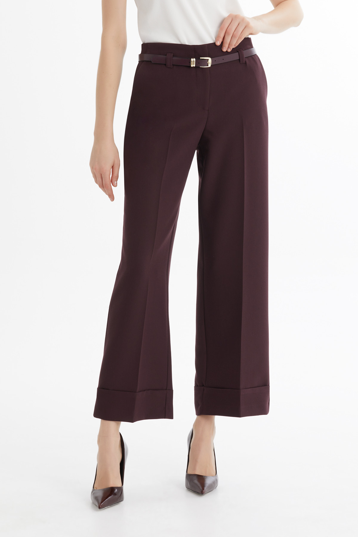 Double Paça Kemerli Bordo Pantolon