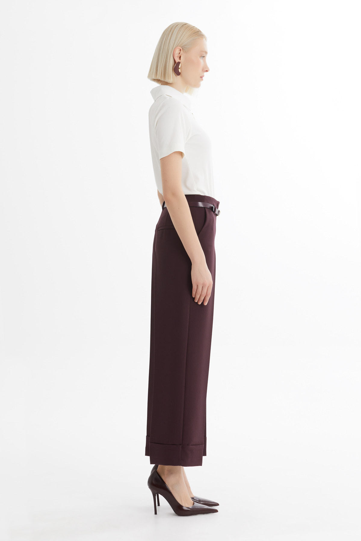 Double Paça Kemerli Bordo Pantolon