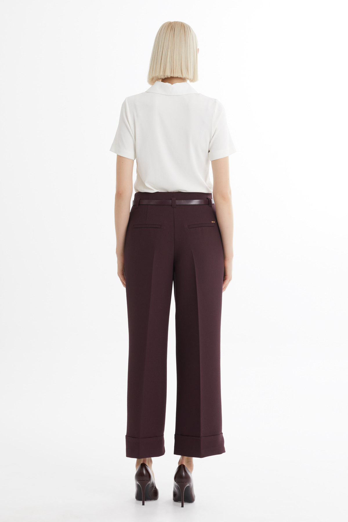 Double Paça Kemerli Bordo Pantolon