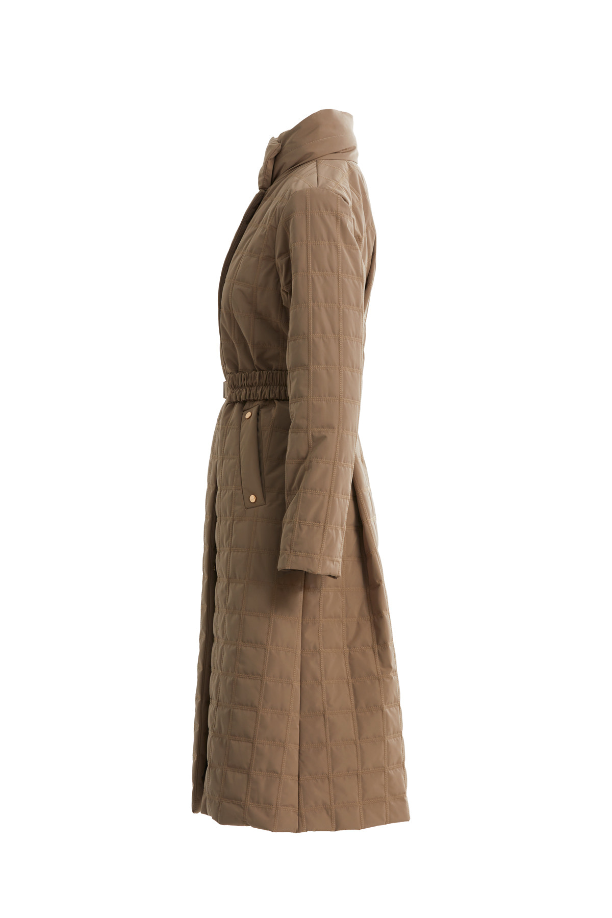 Kemerli Metal Tokalı Kapitone Bej Mont