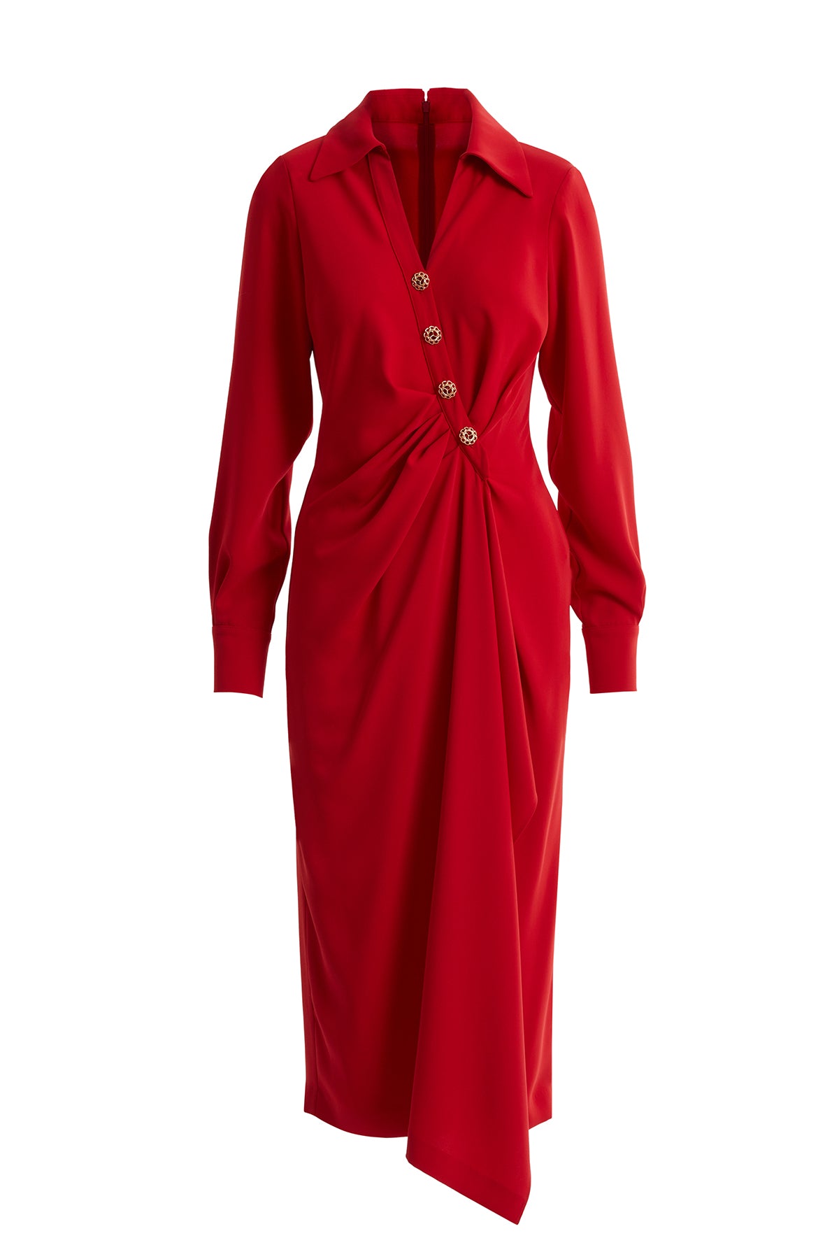 Uzun Kollu Önü Düğmeli Kırmızı Midi Elbise