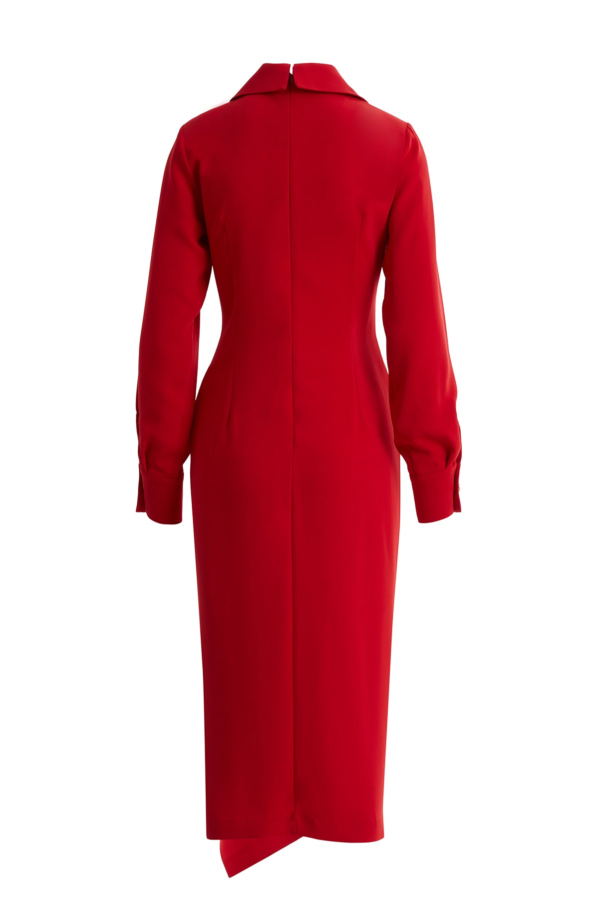 Uzun Kollu Önü Düğmeli Kırmızı Midi Elbise