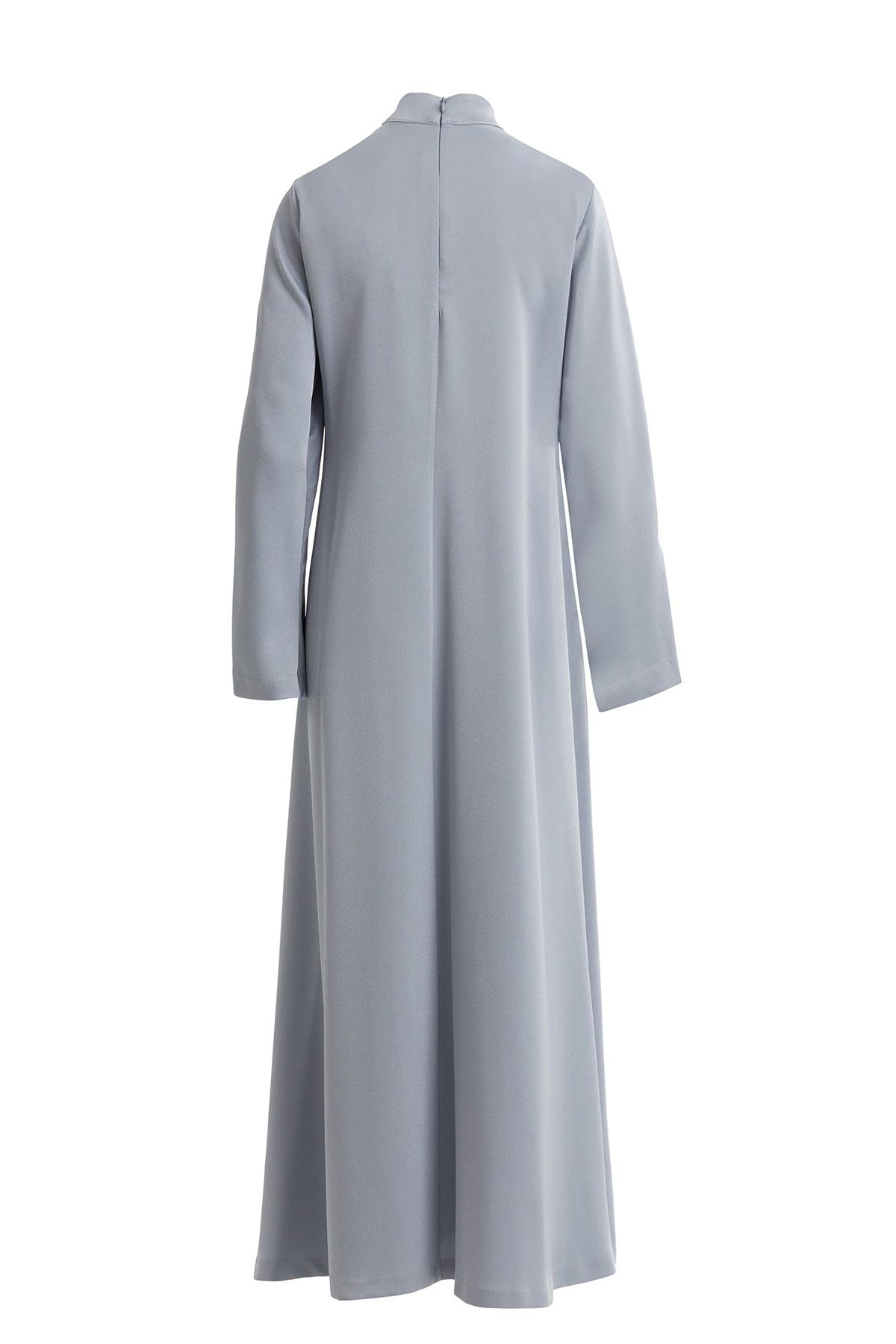 Uzun Kollu Fermuarlı Gri Uzun Elbise