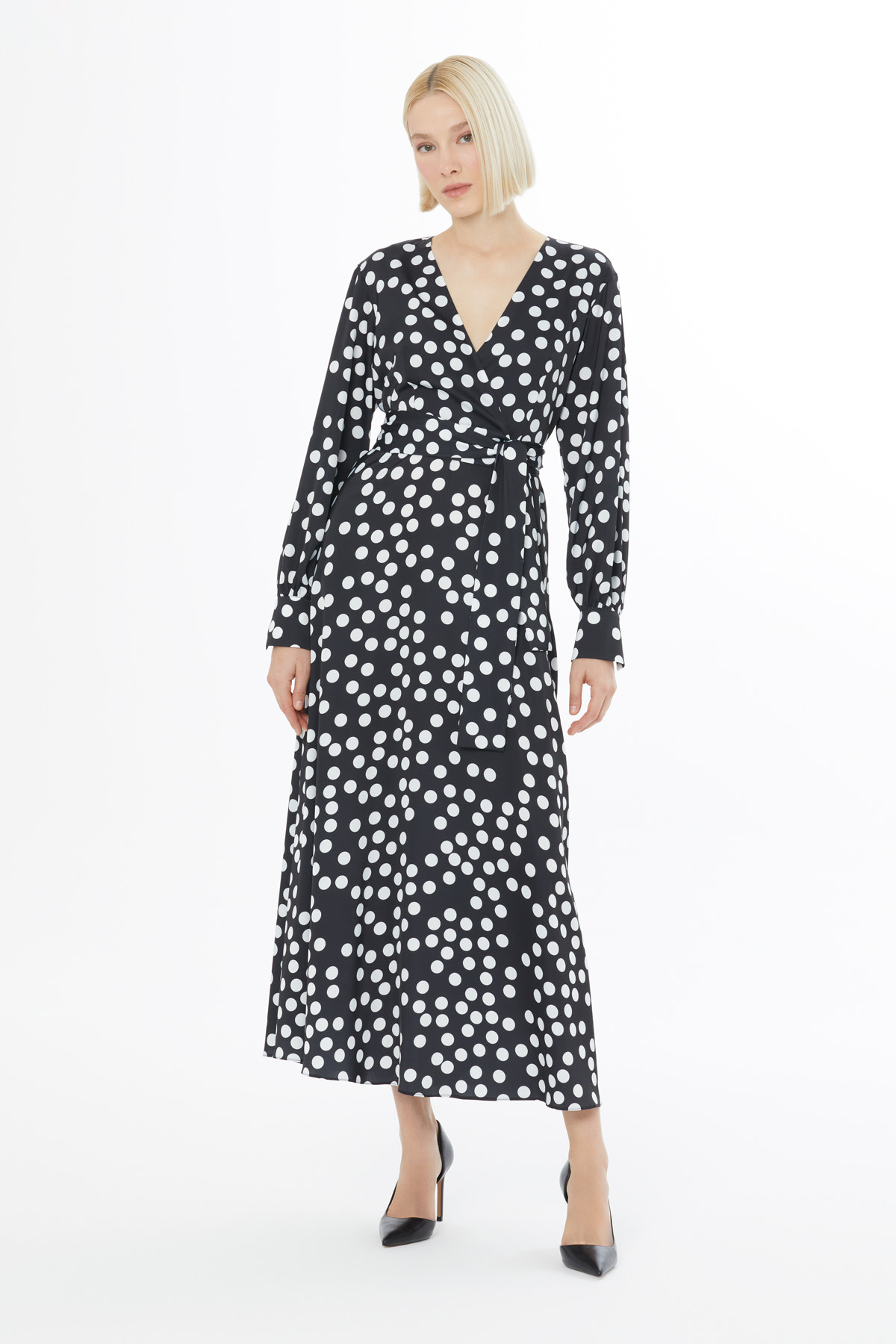 Uzun Kollu Desenli Astarlı Maxi Elbise