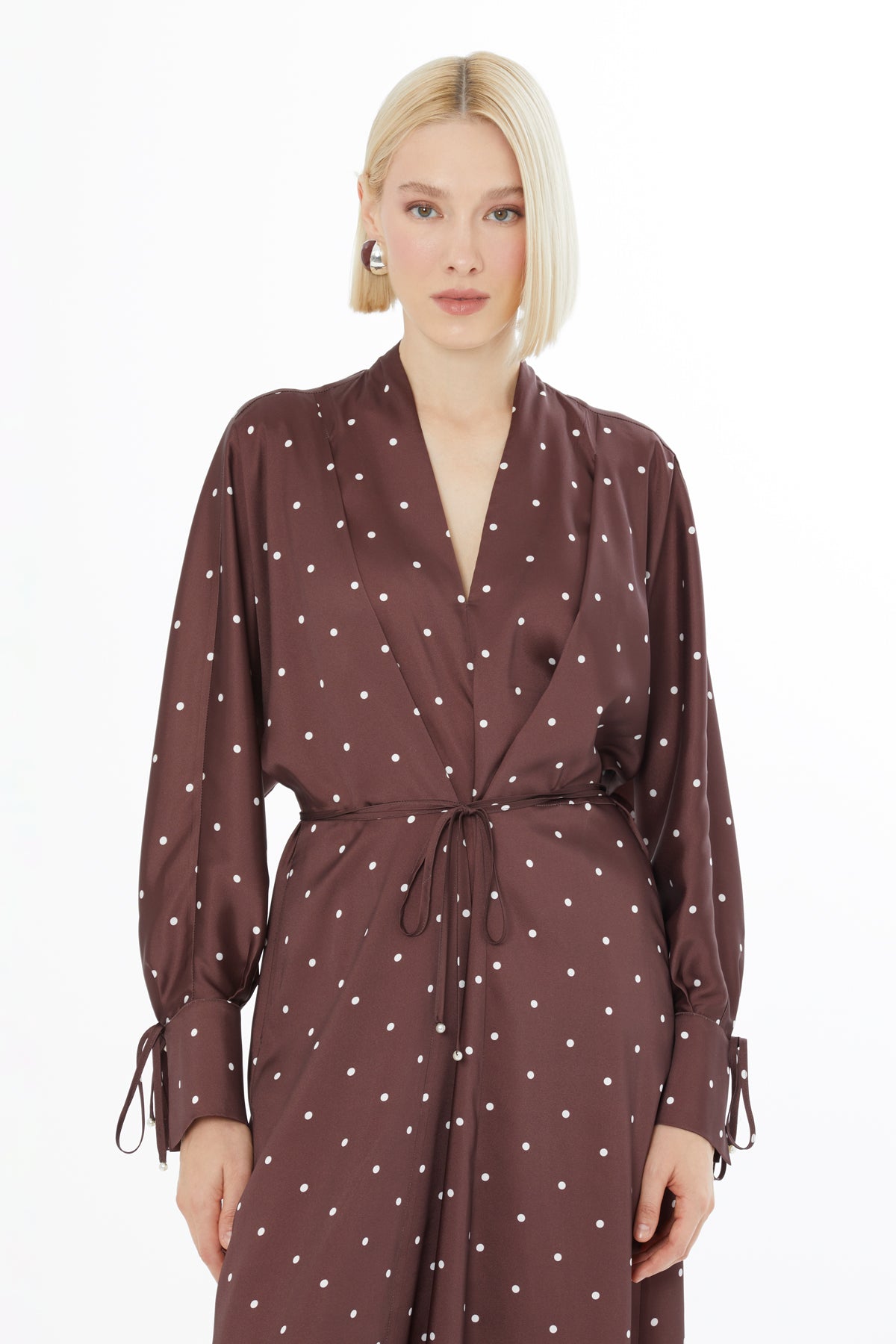 Uzun Kullu Puantiye Desenli Maxi Elbise