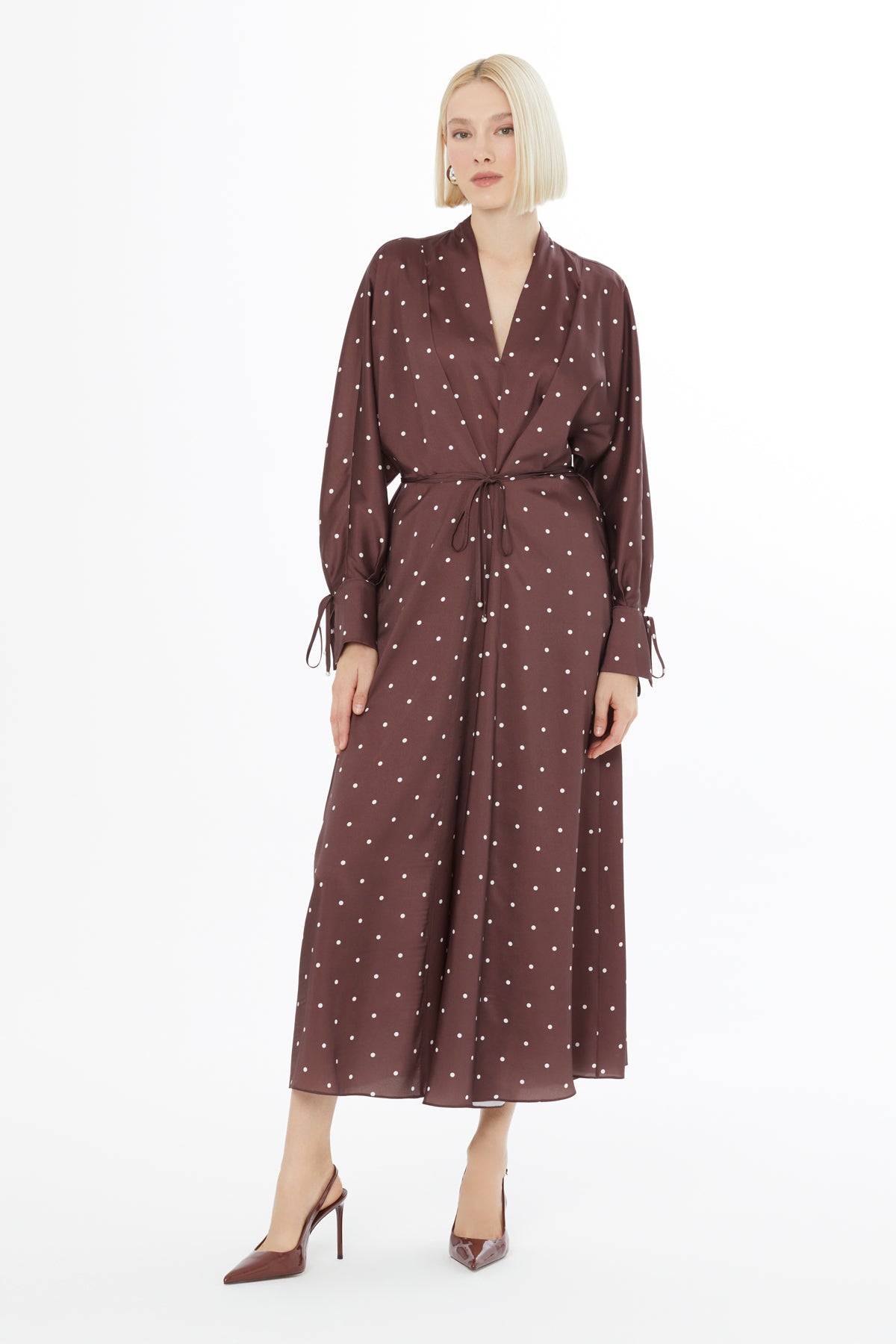 Uzun Kullu Puantiye Desenli Elbise