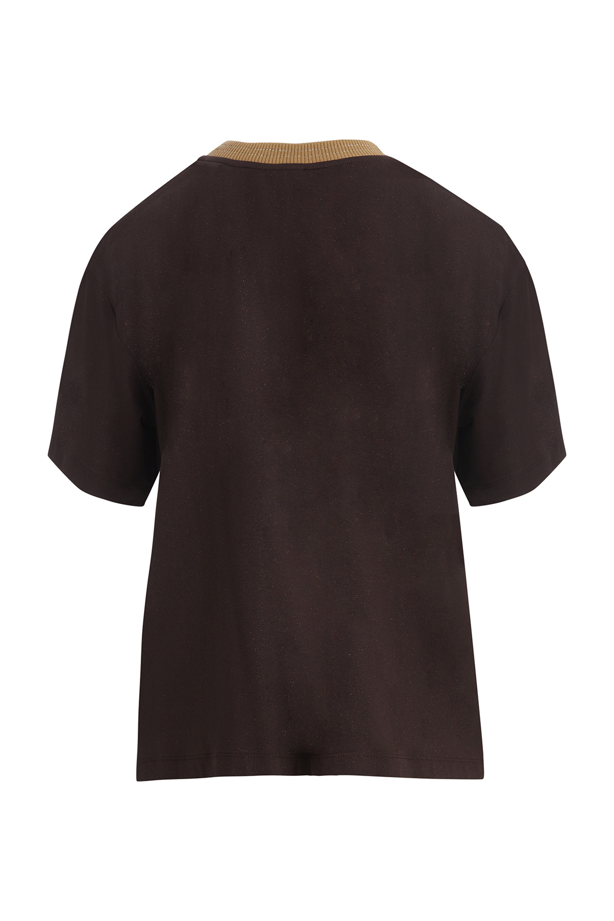 Triko Yakalı Parlak Kumaşlı Kahverengi T-Shirt