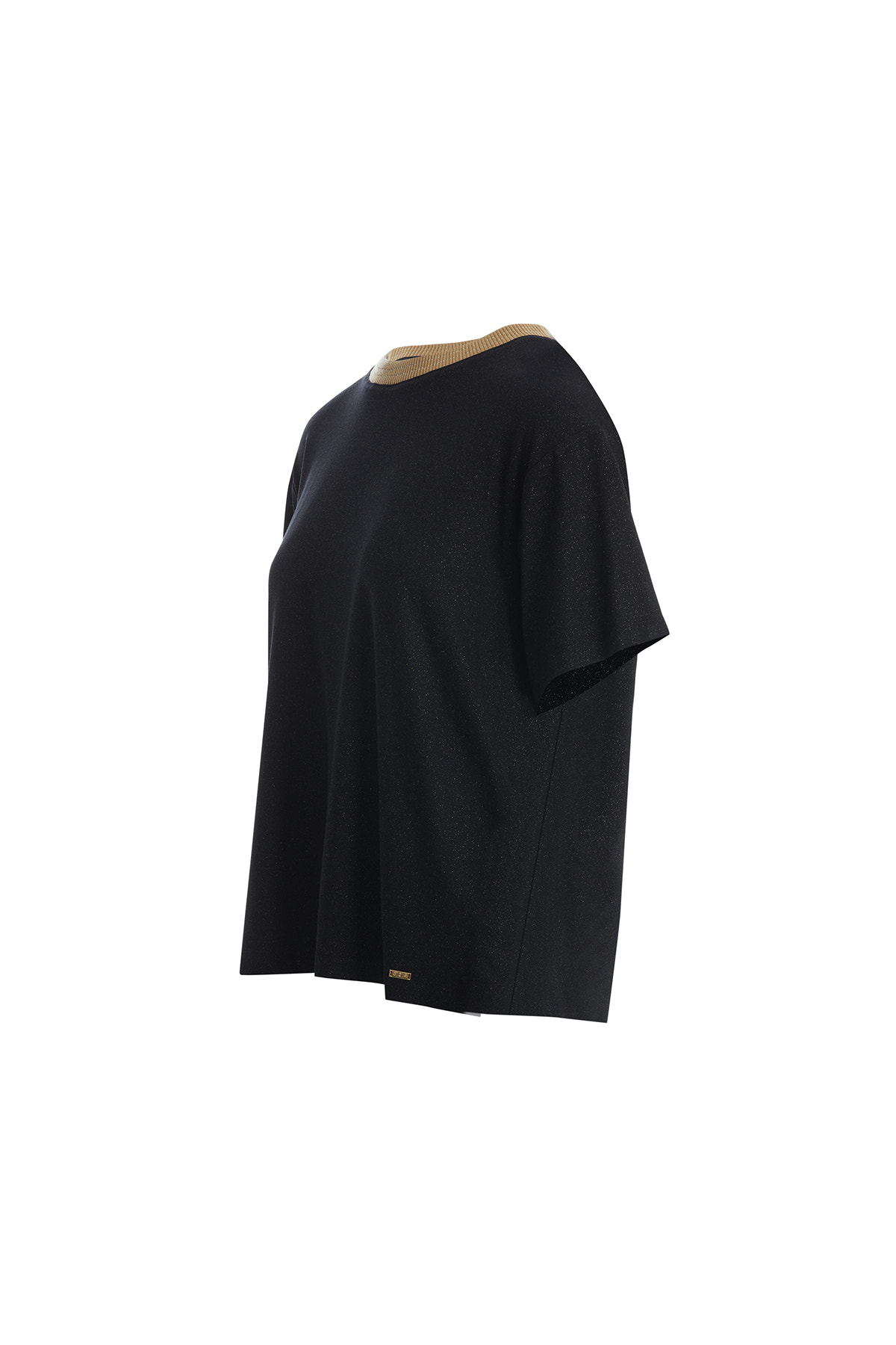 Triko Yakalı Parlak Kumaş Siyah T-Shirt