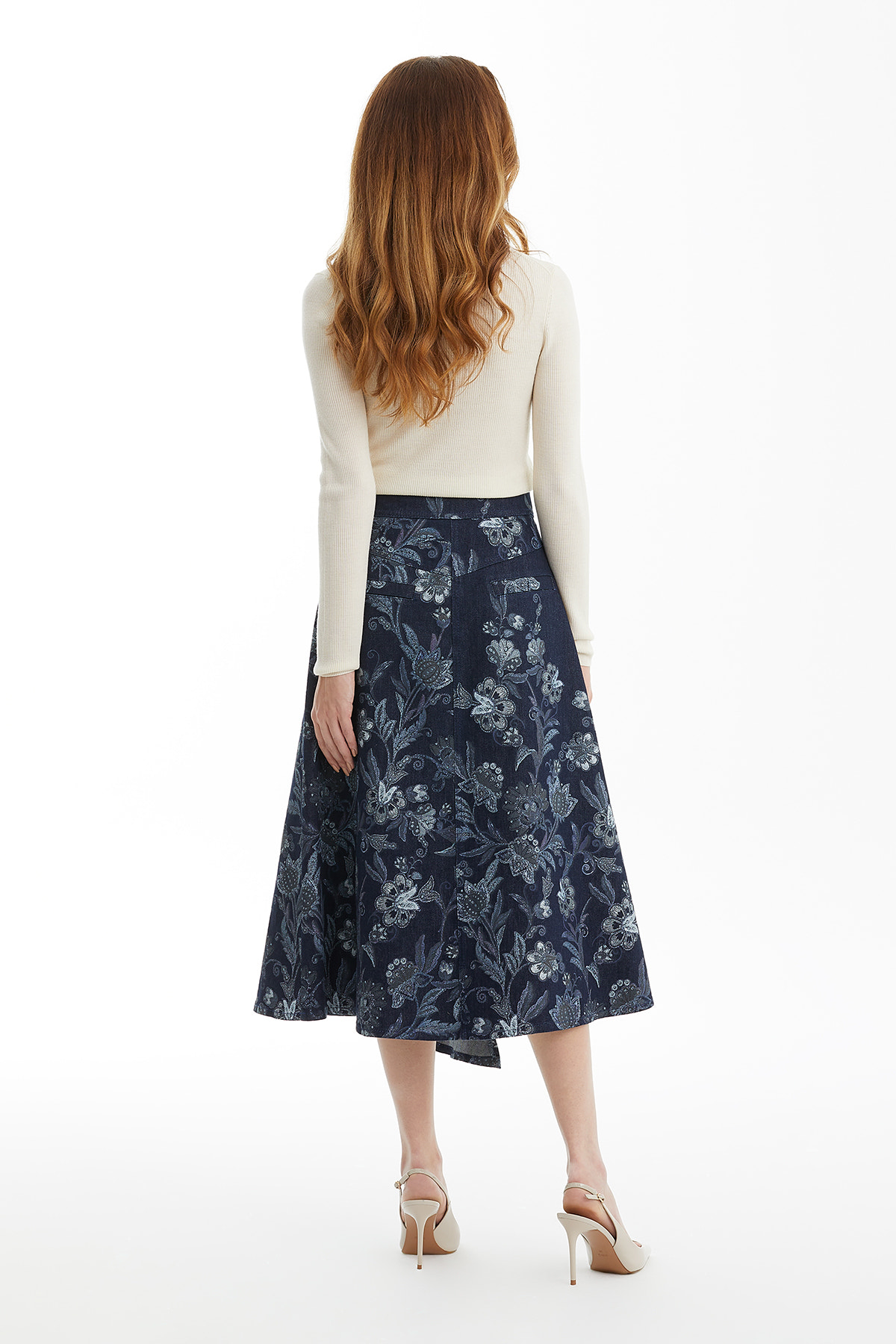 Taş Detaylı Denim Midi Etek