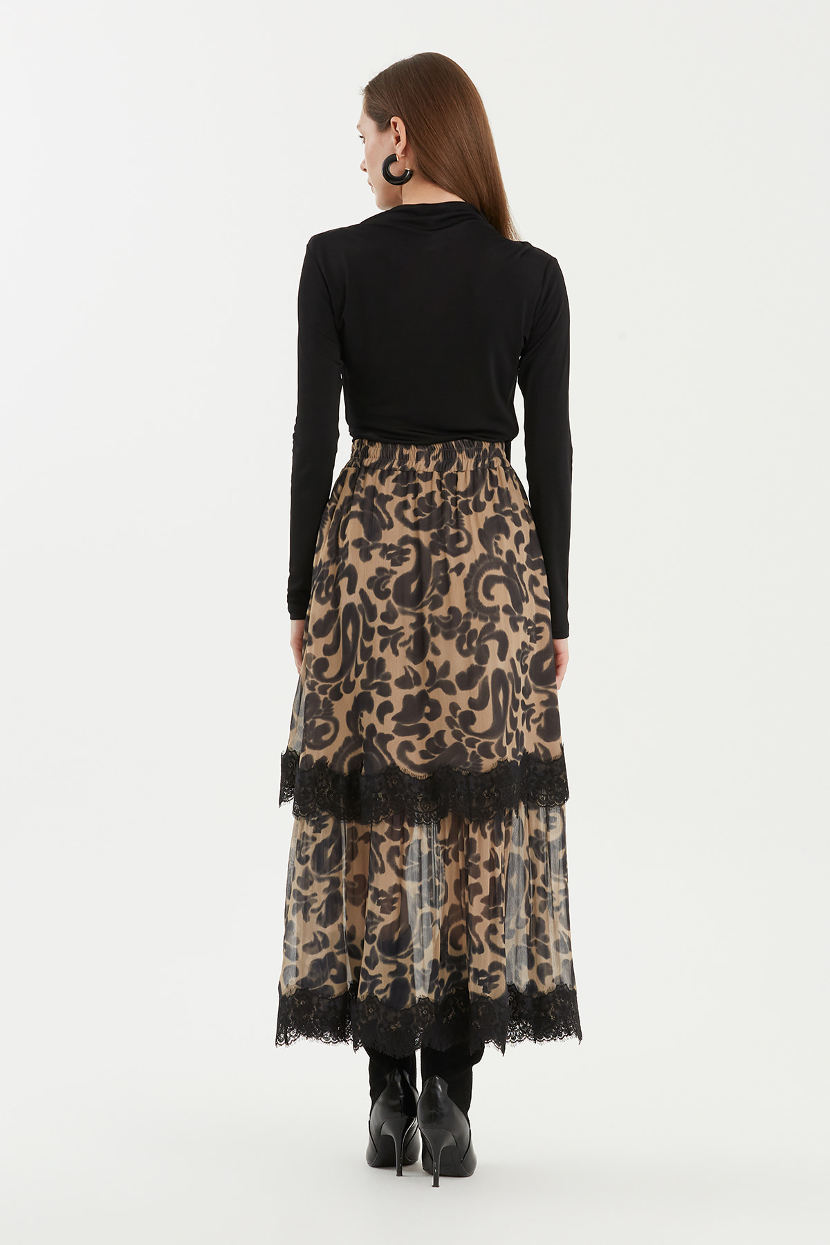 Leopar Desenli Dantel Detaylı Etek