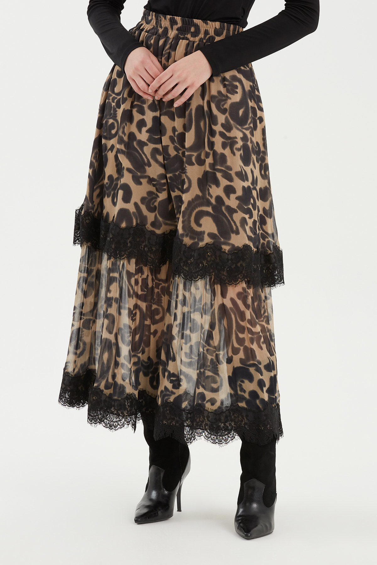 Leopar Desenli Dantel Detaylı Etek